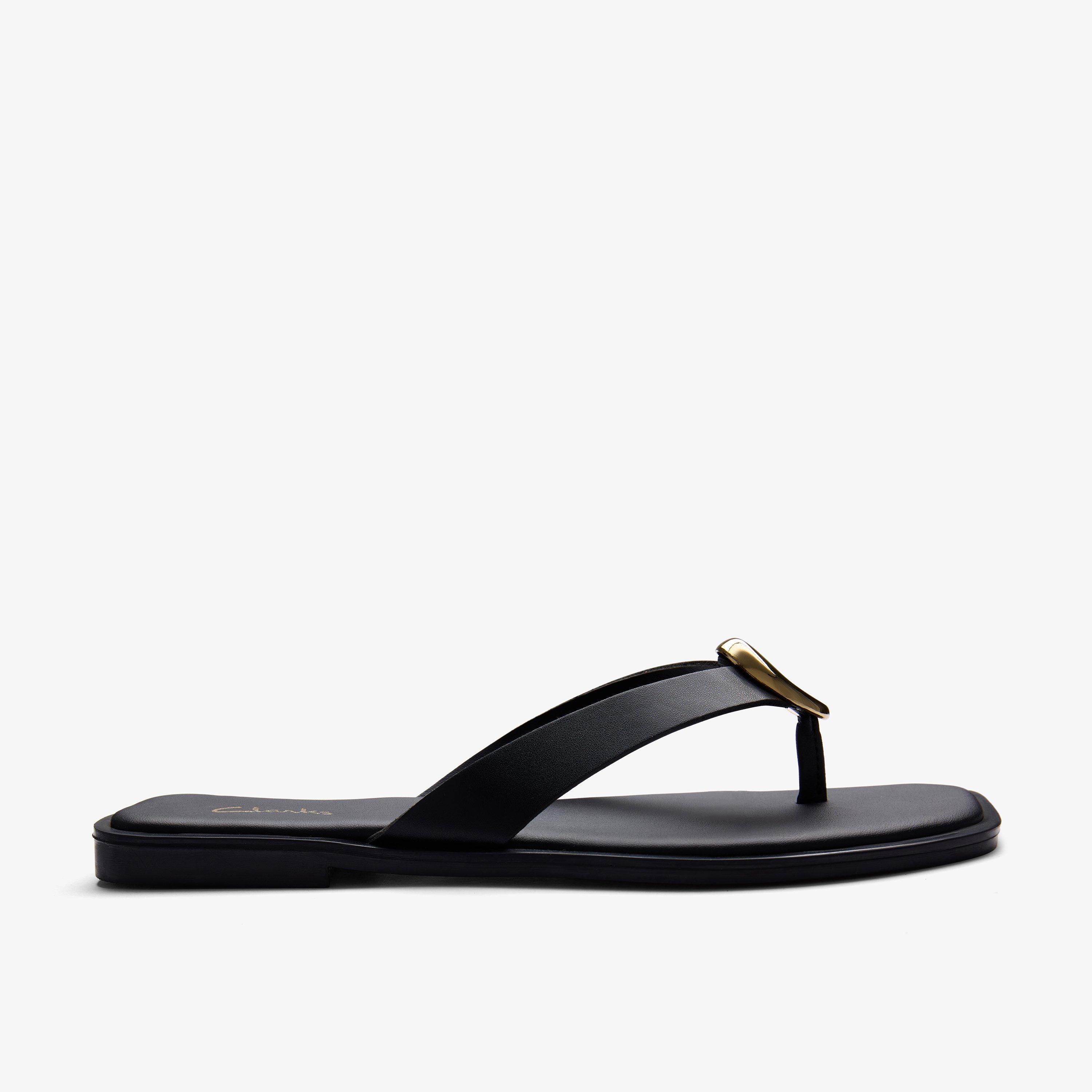 Dahlia Post Black Leather Flat Sandals Flip Flops, view 1 of 6