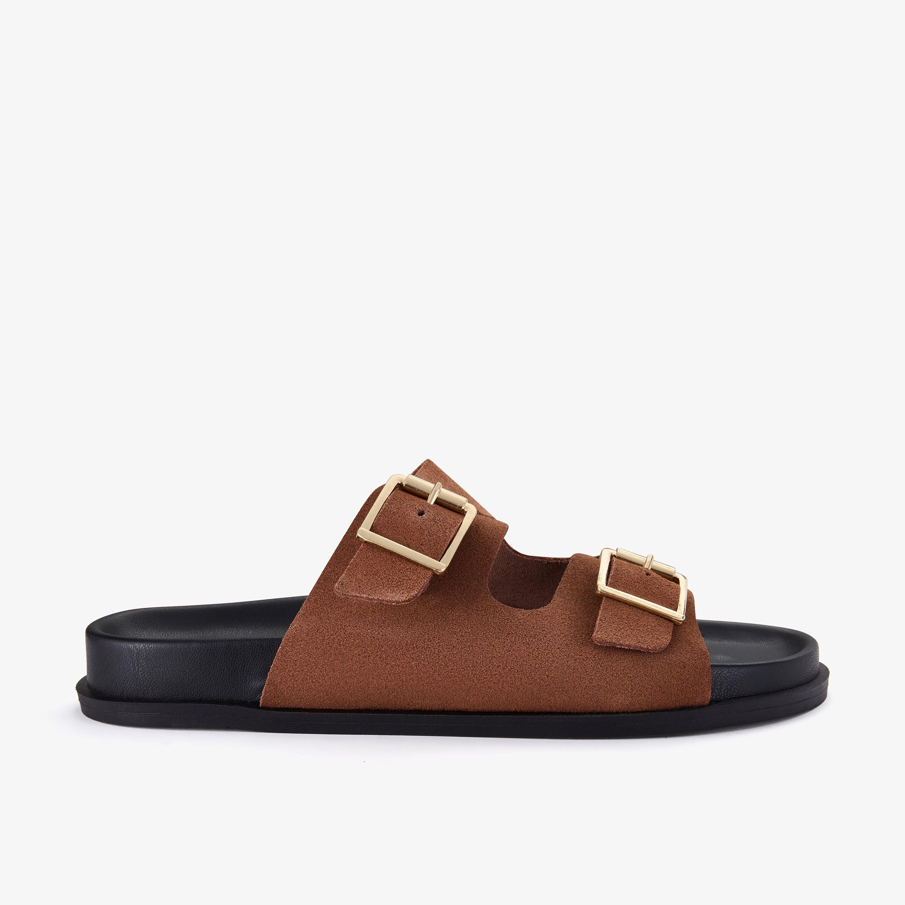 Zarlea Buckle Tan Suede Flat Sandals, view 1 of 6