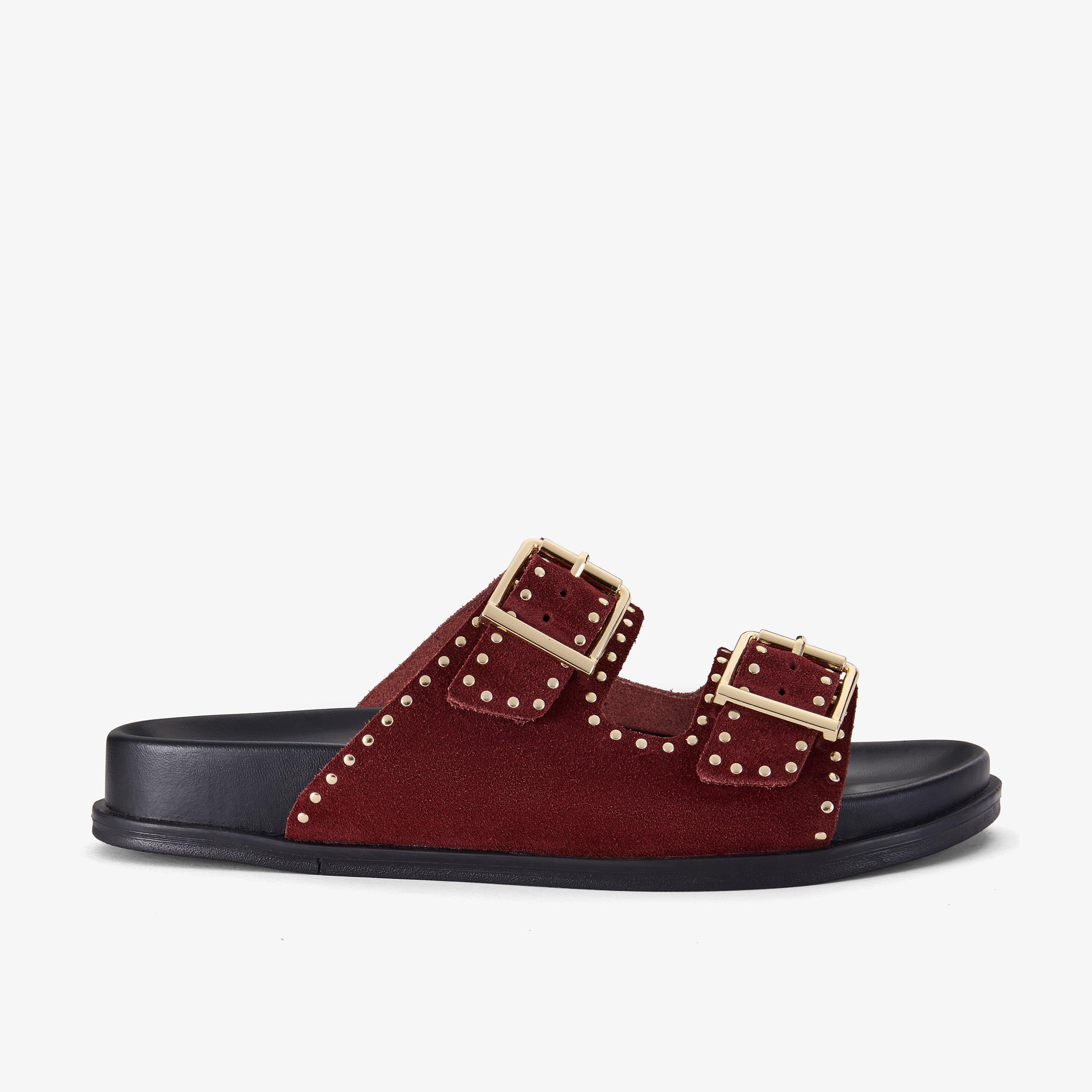 Zarita Stud Daim bordeaux Sandales plates, view 1 of 6
