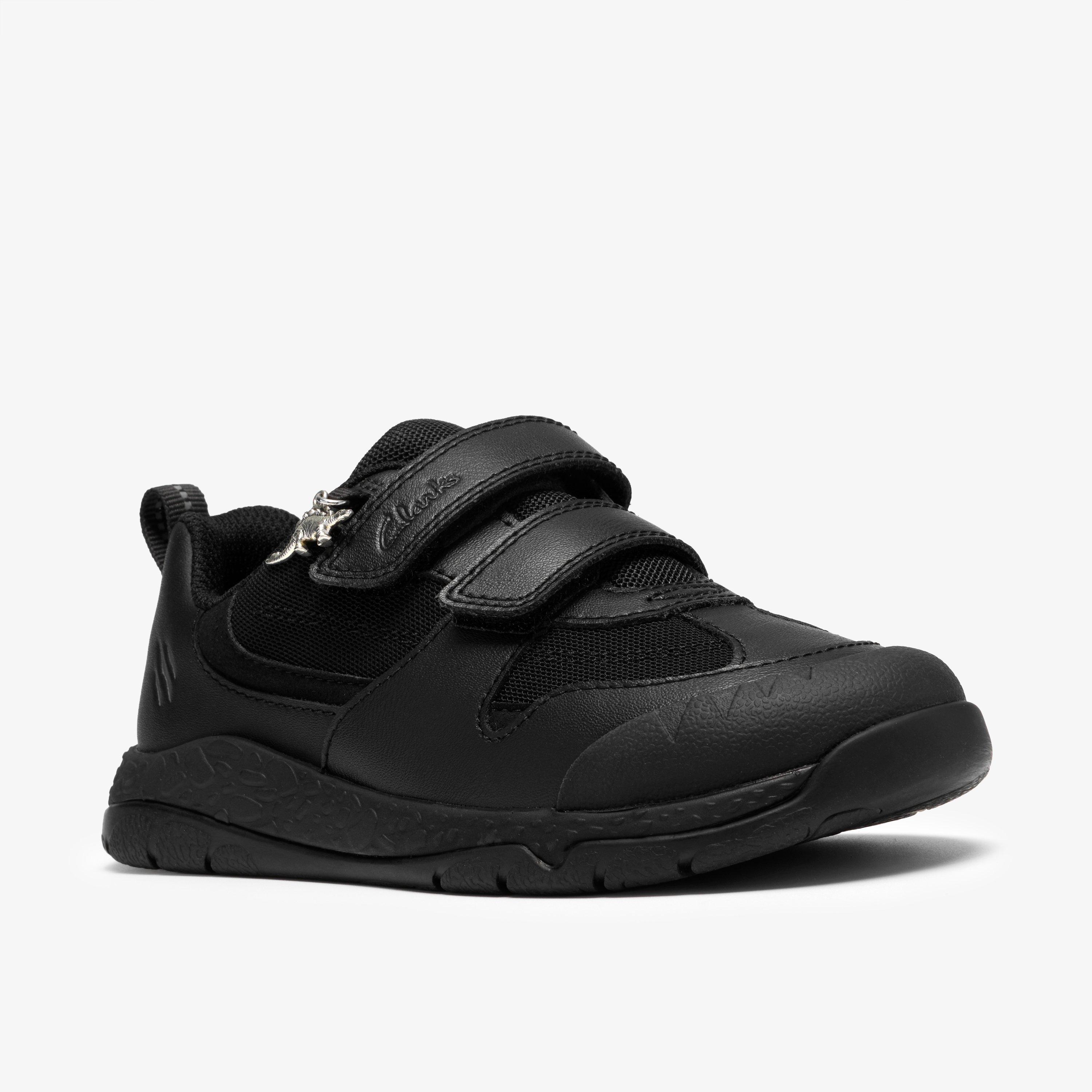 Steggy Soar Kid Black Leather Trainers Riptape School Shoes, view 4 of 6