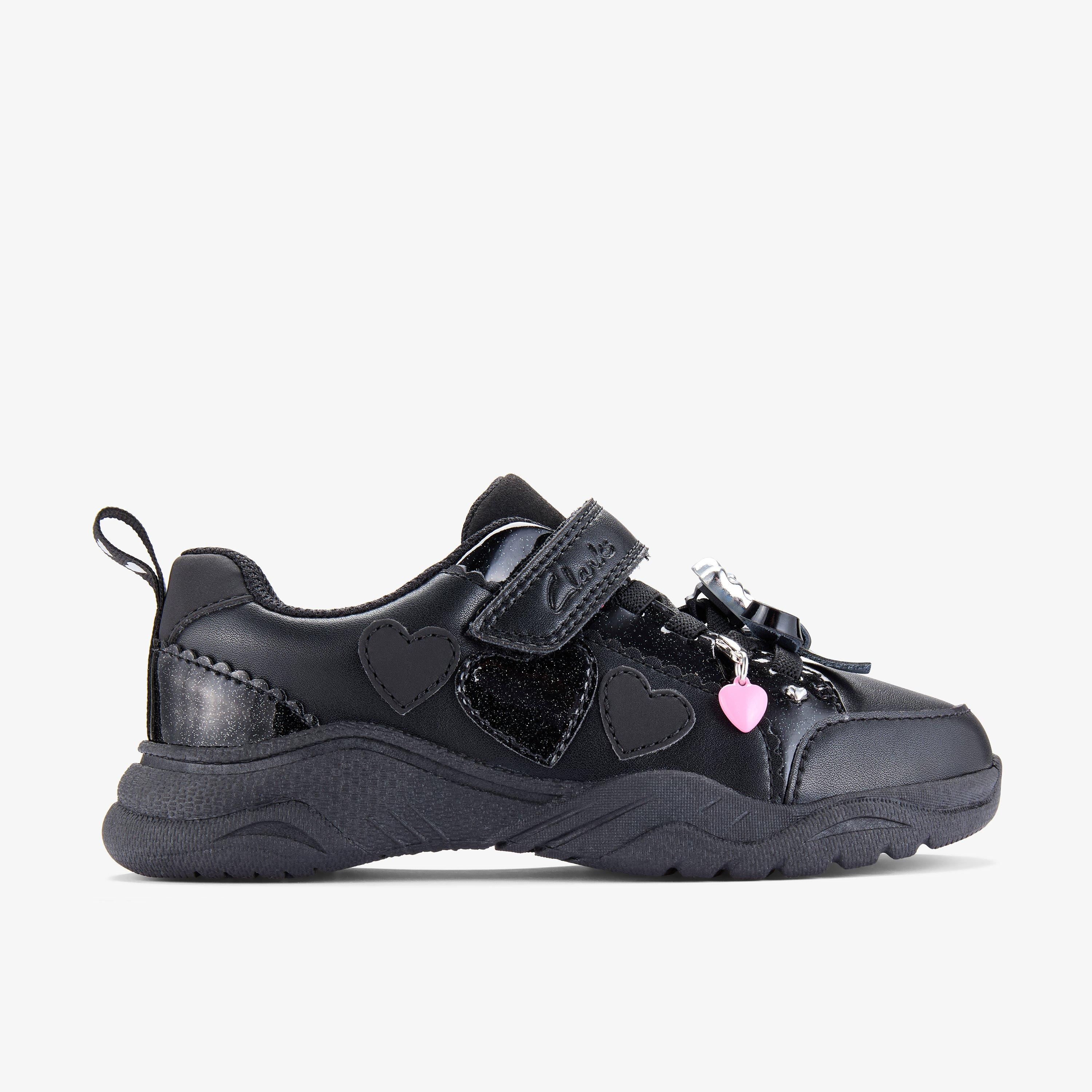 Feather Skip Kid Black Leather Trainers Riptape School Shoes, view 1 of 6