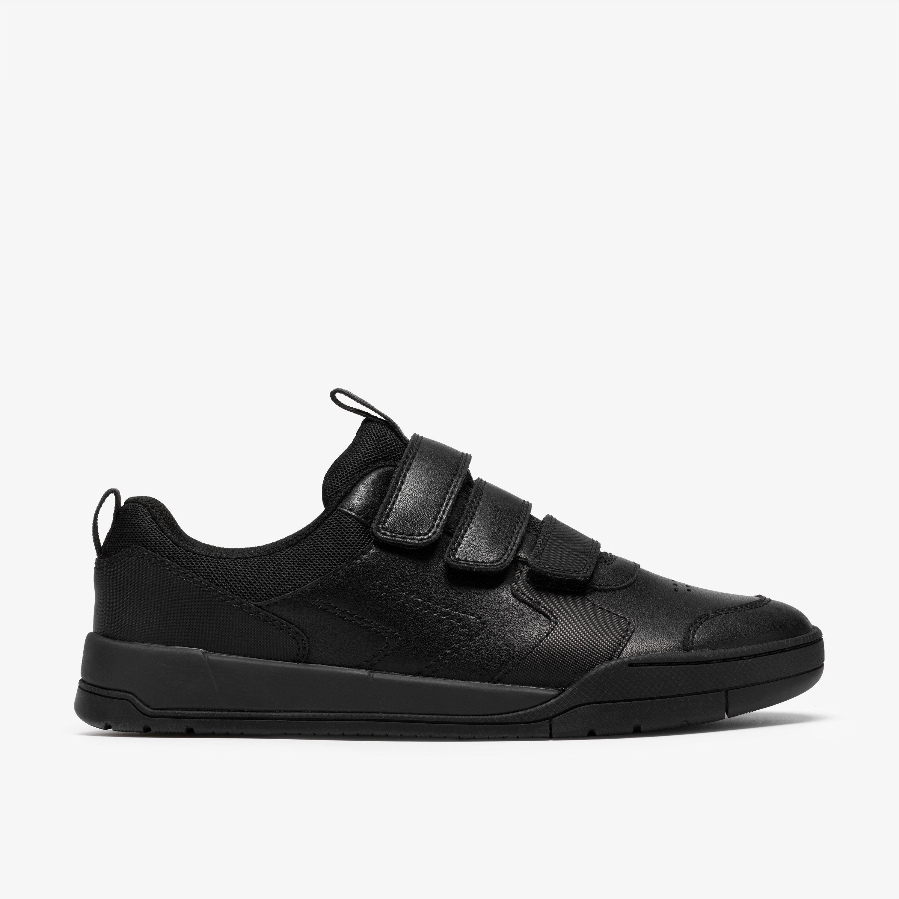 Laser Play Youth Black Leather Trainers Riptape School Shoes, view 1 of 6