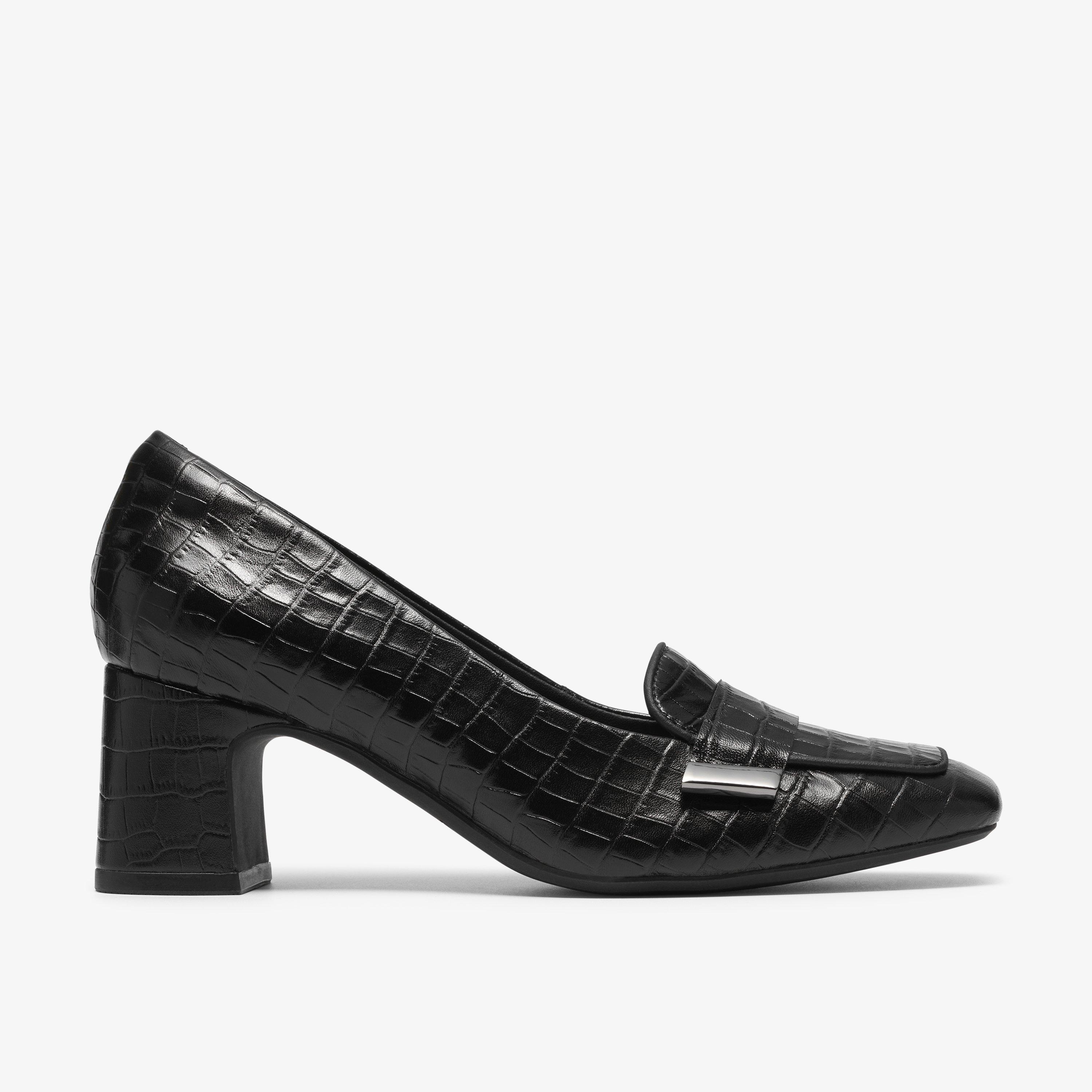Fernie Edge Black Crocodile Court Shoes Slip Ons Heels, view 1 of 6
