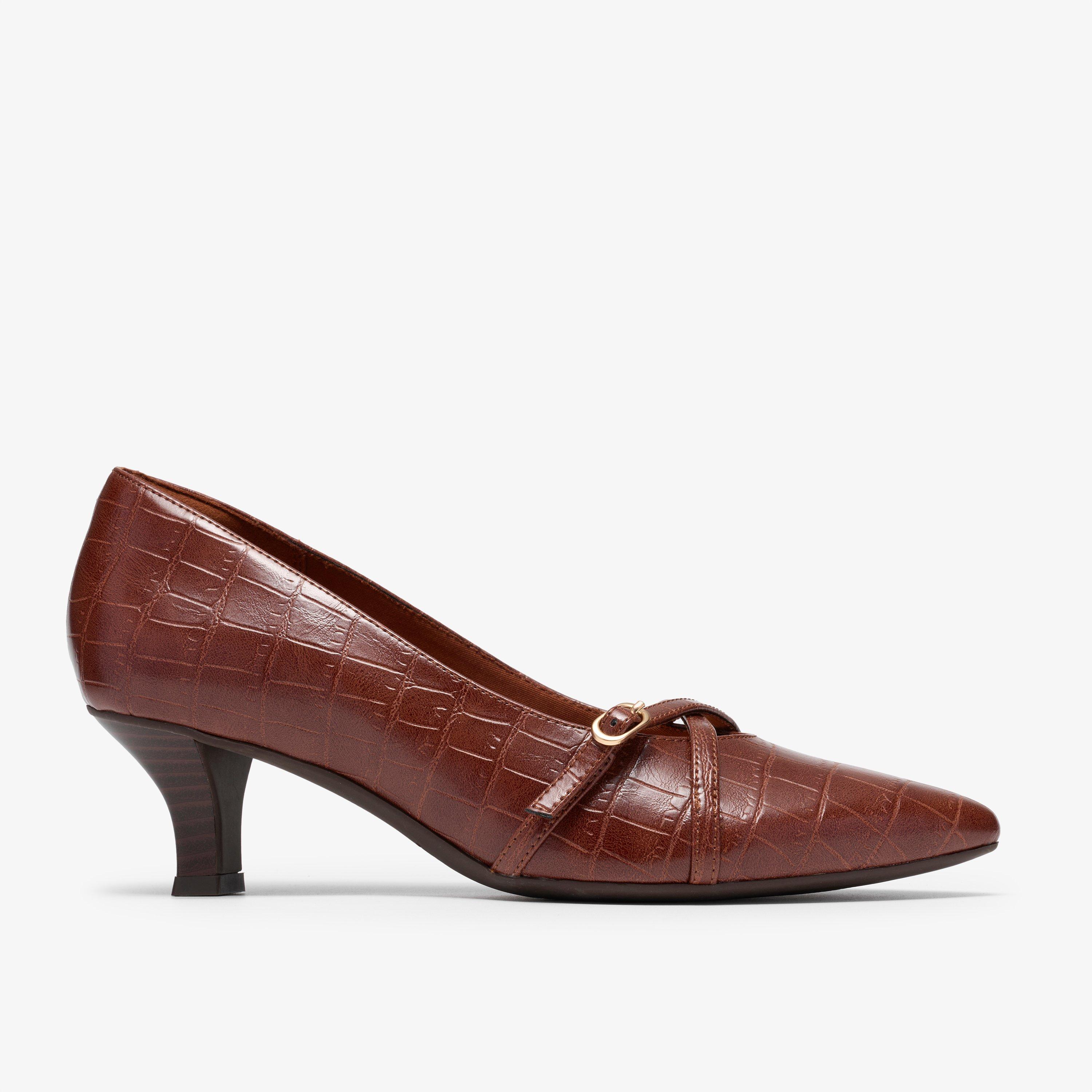 Kepley Star Dark Tan Crocodile Heels Court Shoes Slip Ons, view 1 of 6