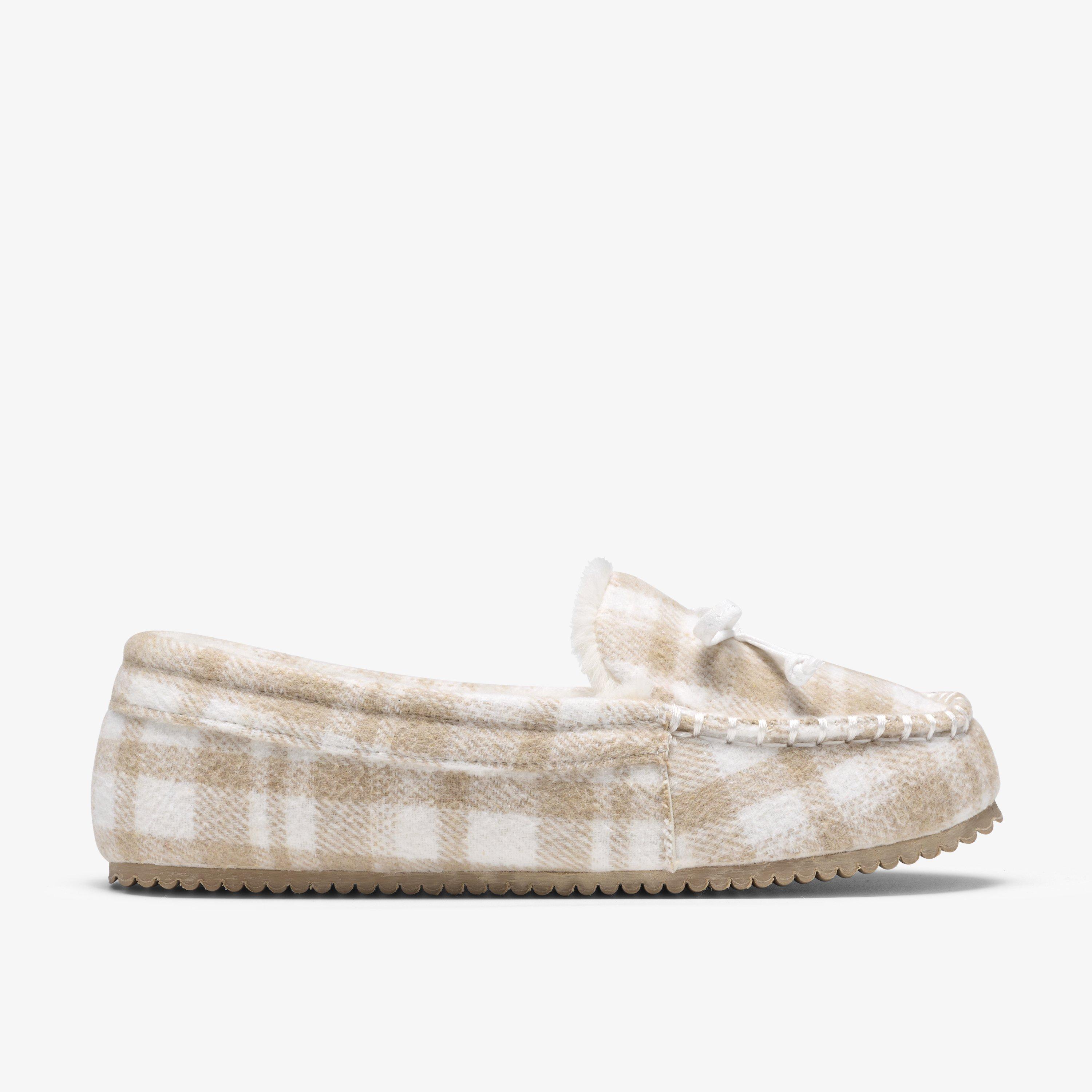 Maree Cozy Beige Check Slip Ons Slippers, view 1 of 6