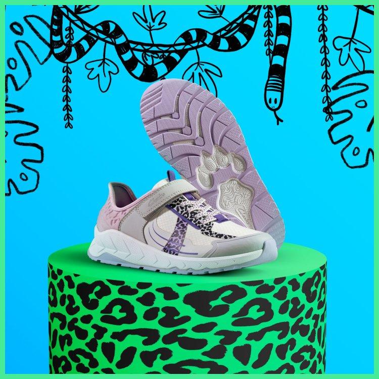 Selva Lane trainer in lilac on a leopard print plinth