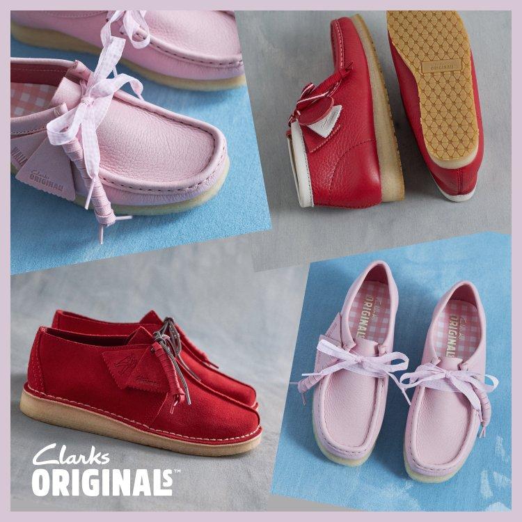 Pink and red wallabee shoes