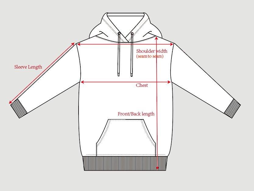 Size guide diagram showing measurements for Cloudsteppers hoodies, including chest, length, and sleeve