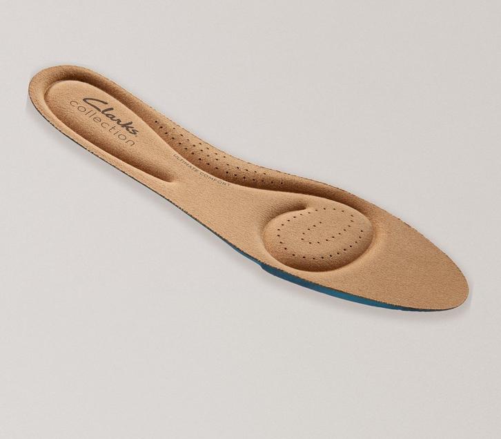 Side view of a Clarks Comfort Plus footbed on an grey background