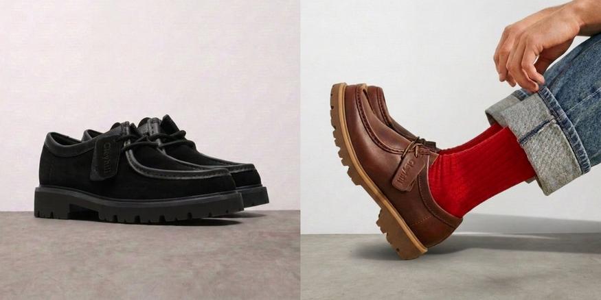 Black suede Clarks Cleyhill Seam lace-up shoes beside brown leather Cleyhill Seam shoes worn with red socks and jeans.
