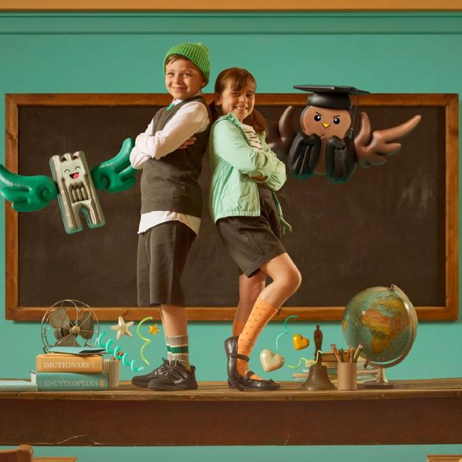 Girl and boy on school desk wearing feather Shine and dance wish school shoes