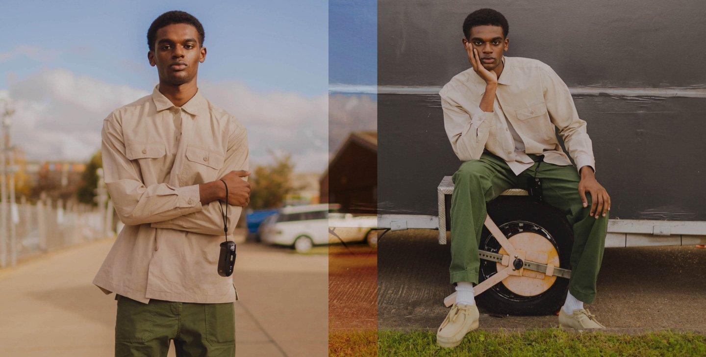 Mohamed portant du suède érable Wallabee 