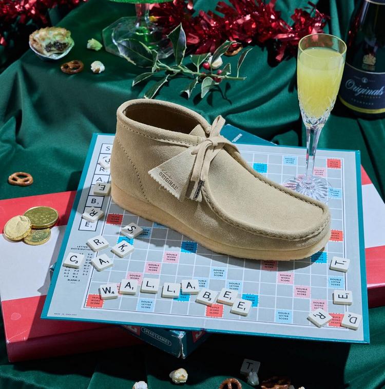 A Wallabee on top of a festive Scrabble board | Shop the Wallabee