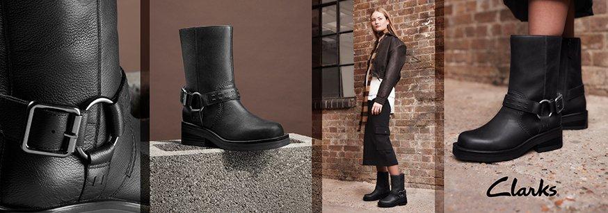 a four-image panel set showing the Clarks Rebelle Up boot in black leather from different angles