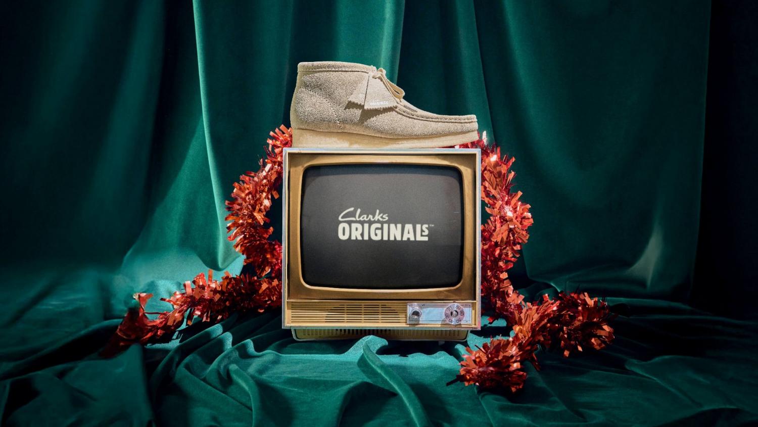 A pair of Clarks Wallabees on top of an old-fashioned TV | Shop Originals Icons