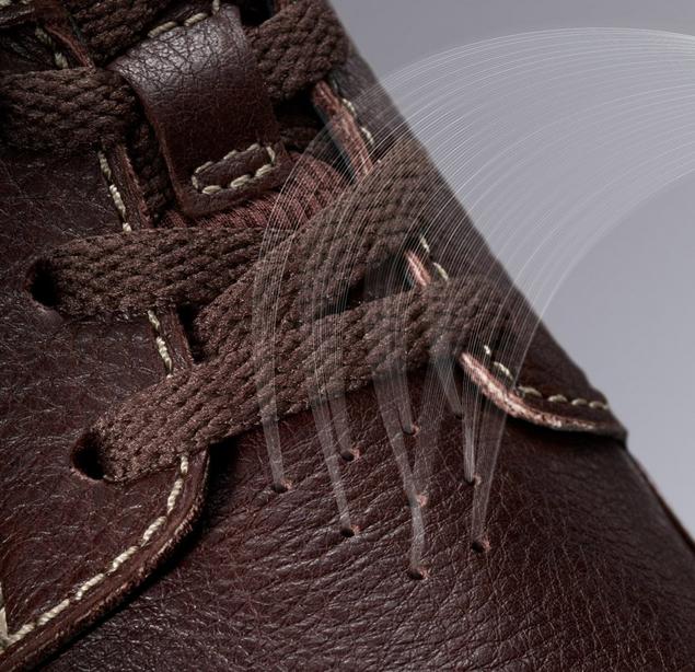 Close-up of laces on brown shoe Un Briley Lace, showing small ventilation holes underneath with airflow graphical effect