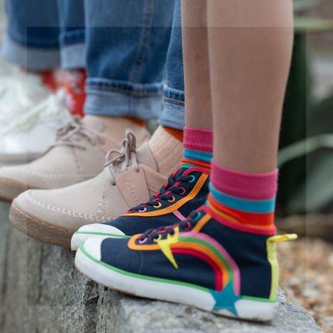 Close up of Foxing Hi Beau Kid Navy Combination from the Frugi X Clarks collection.