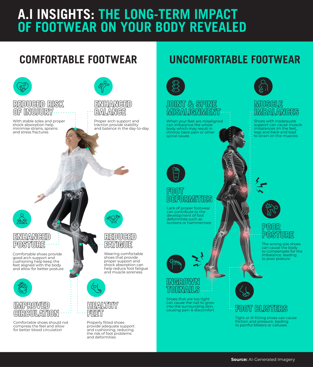 L’infographie intitulée A.I. Insights The Long Term Impact of Footwear on Your Body Revealed fournit une comparaison détaillée des avantages des chaussures confortables et des inconvénients des chaussures inconfortables. La description complète se trouve à la suite de l’image.