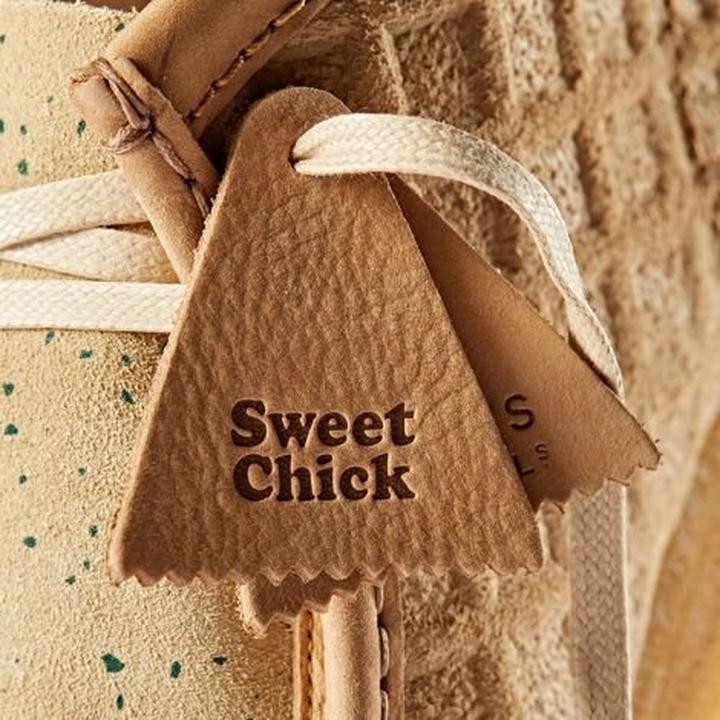 Close up of the shoe tag with the text 'Sweet Chick'
