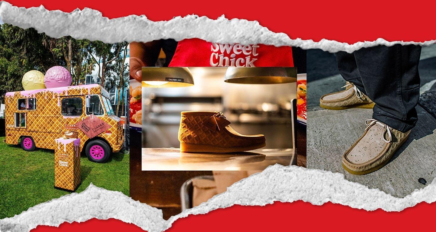 Collage of an ice cream truck and shoes from the collection