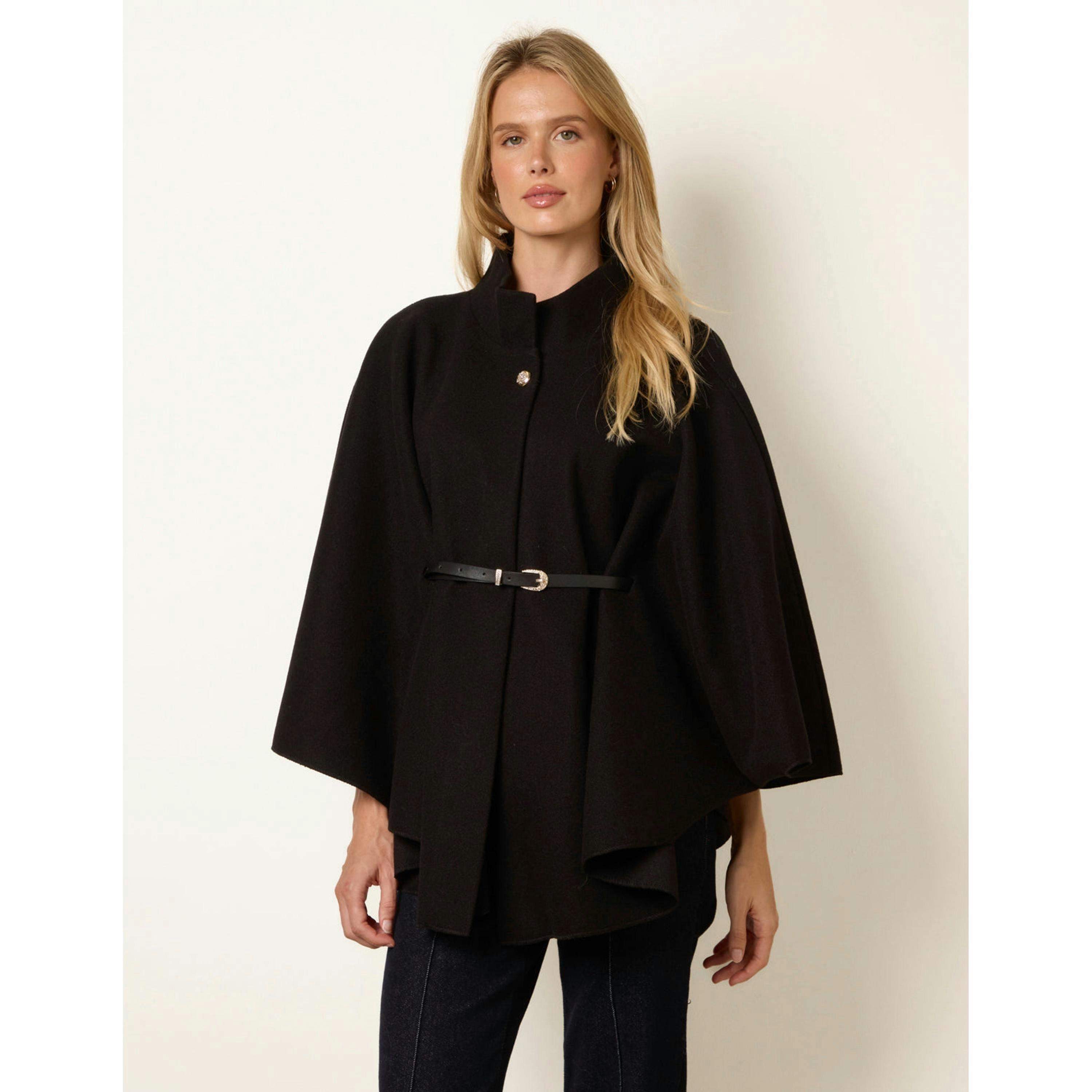 Blue Vanilla Funnel Neck Tie Front Cape  in Black , view 1 of 4