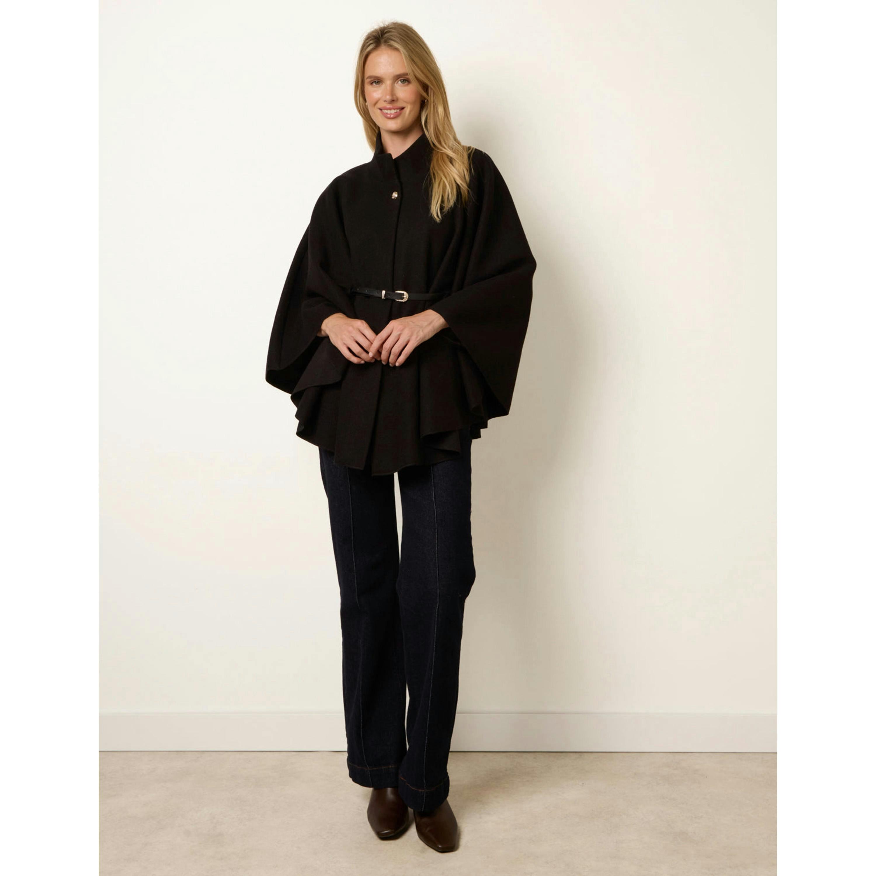Blue Vanilla Funnel Neck Tie Front Cape  in Black , view 3 of 4