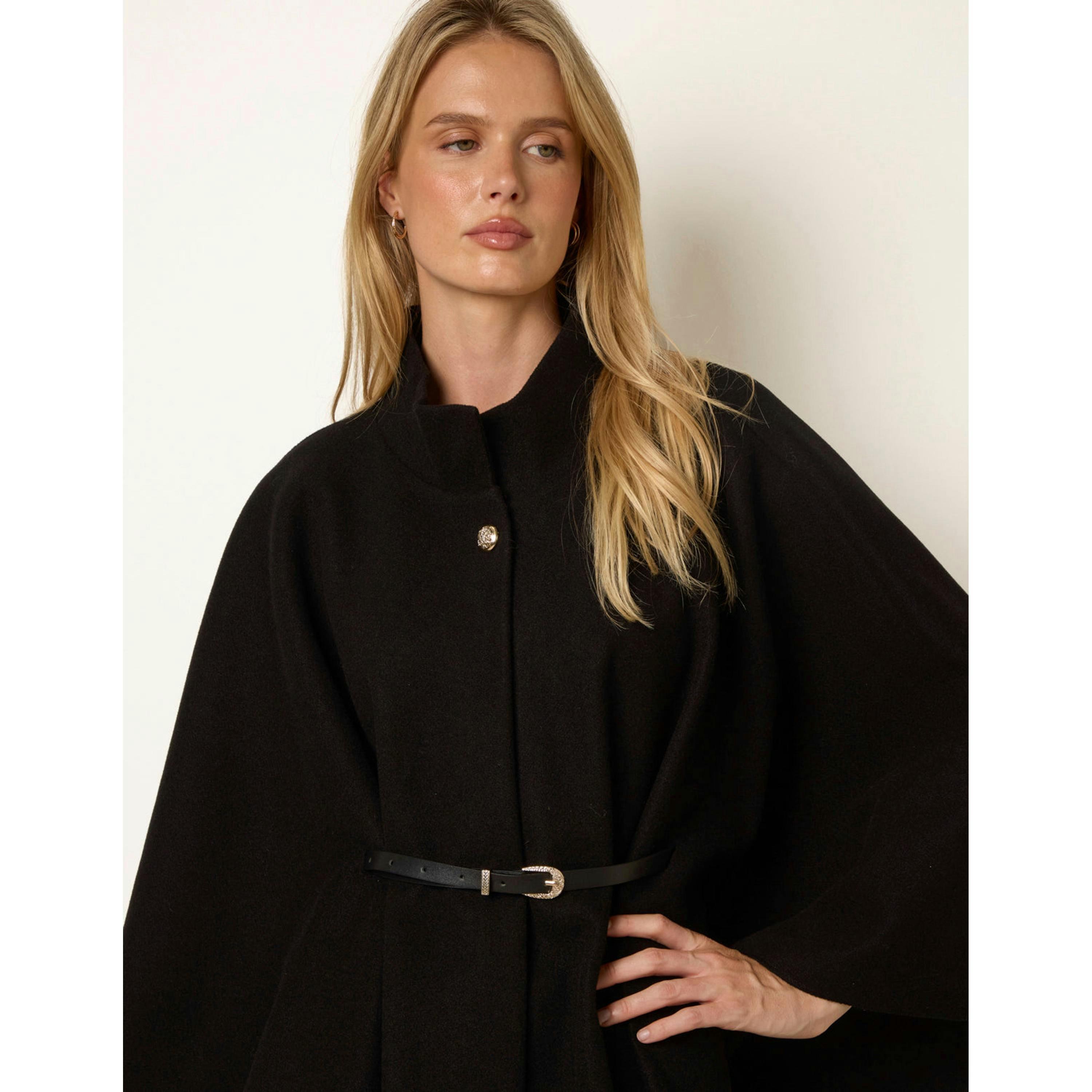 Blue Vanilla Funnel Neck Tie Front Cape  in Black , view 4 of 4