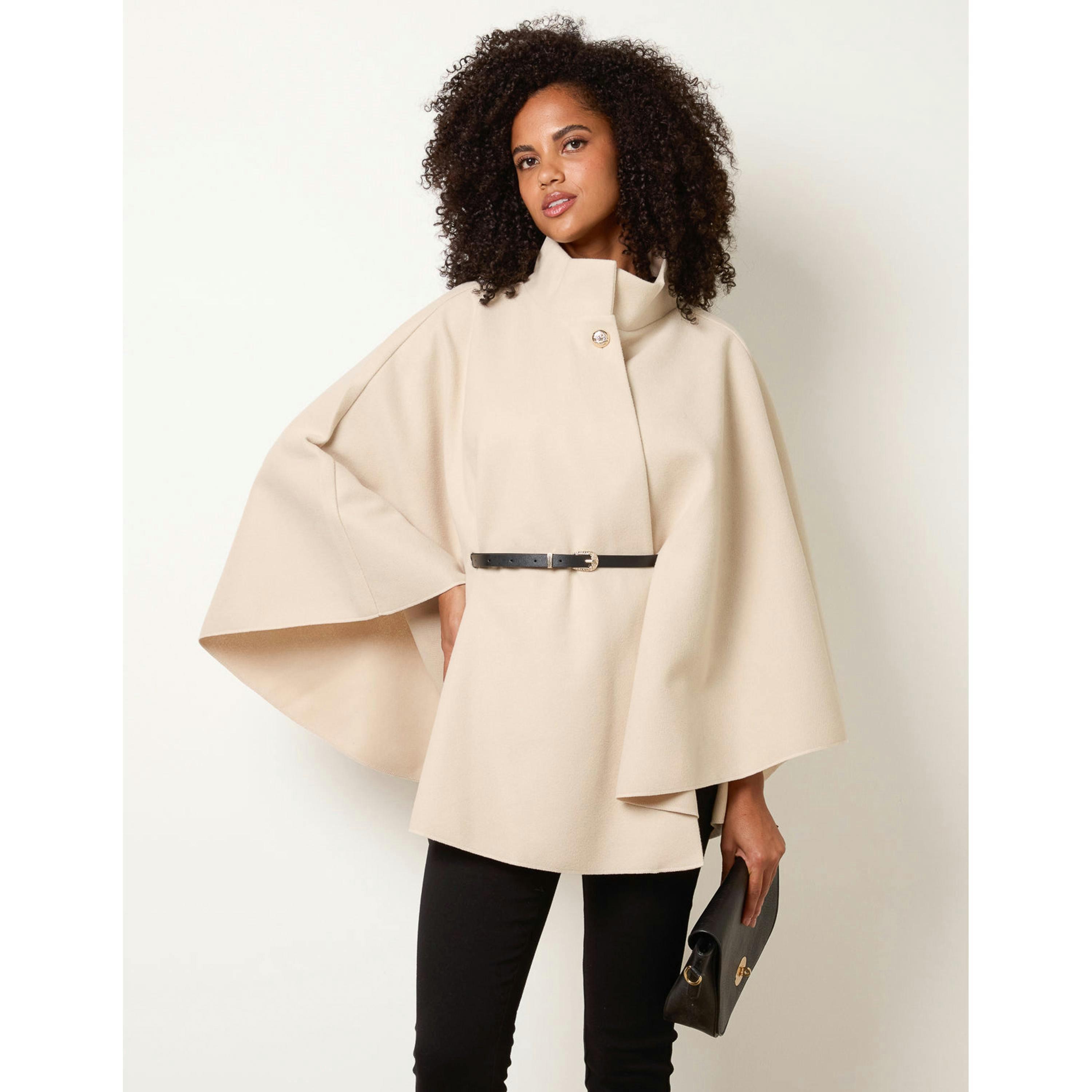 Blue Vanilla Funnel Neck Tie Front Cape  in Stone , view 1 of 4