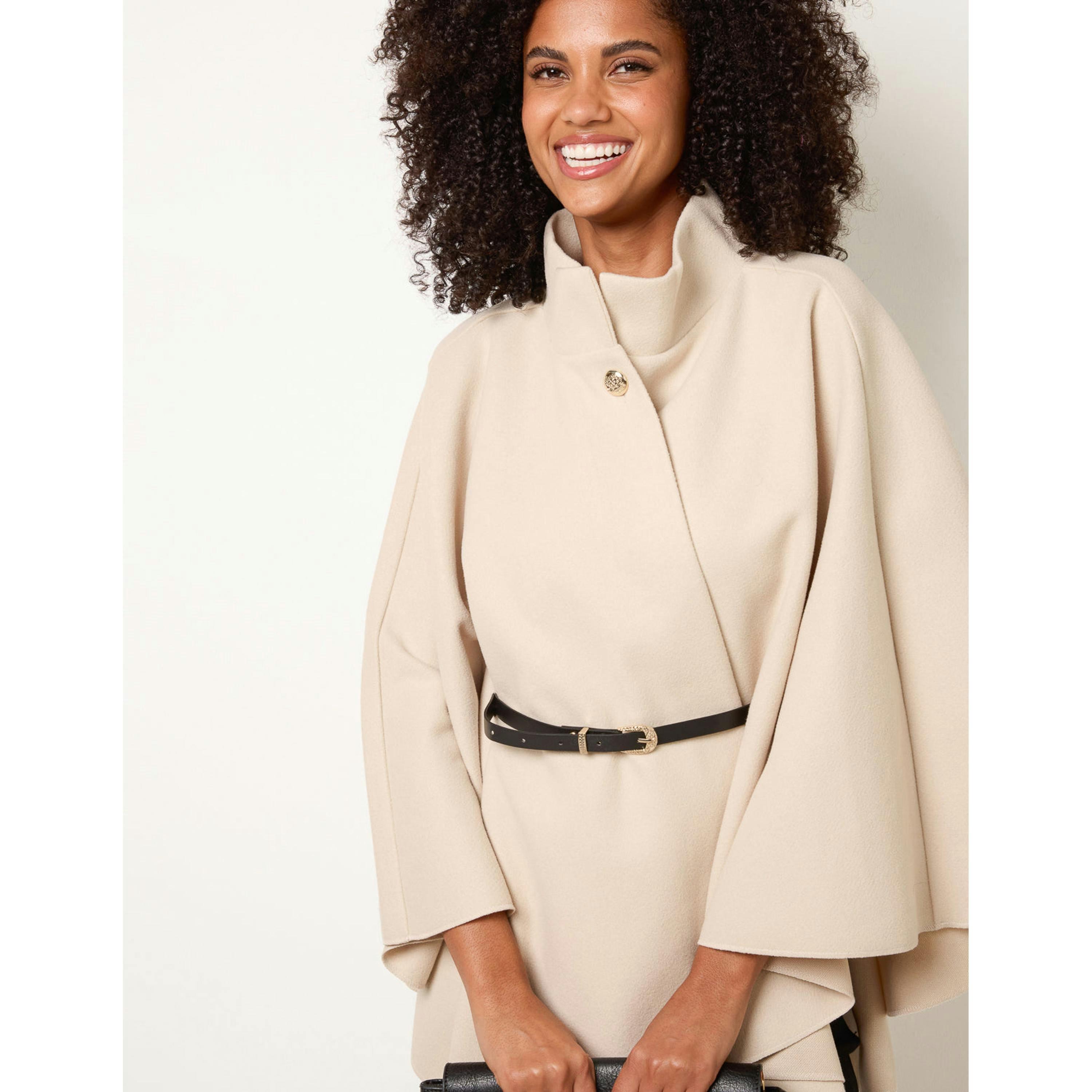 Blue Vanilla Funnel Neck Tie Front Cape  in Stone , view 2 of 5