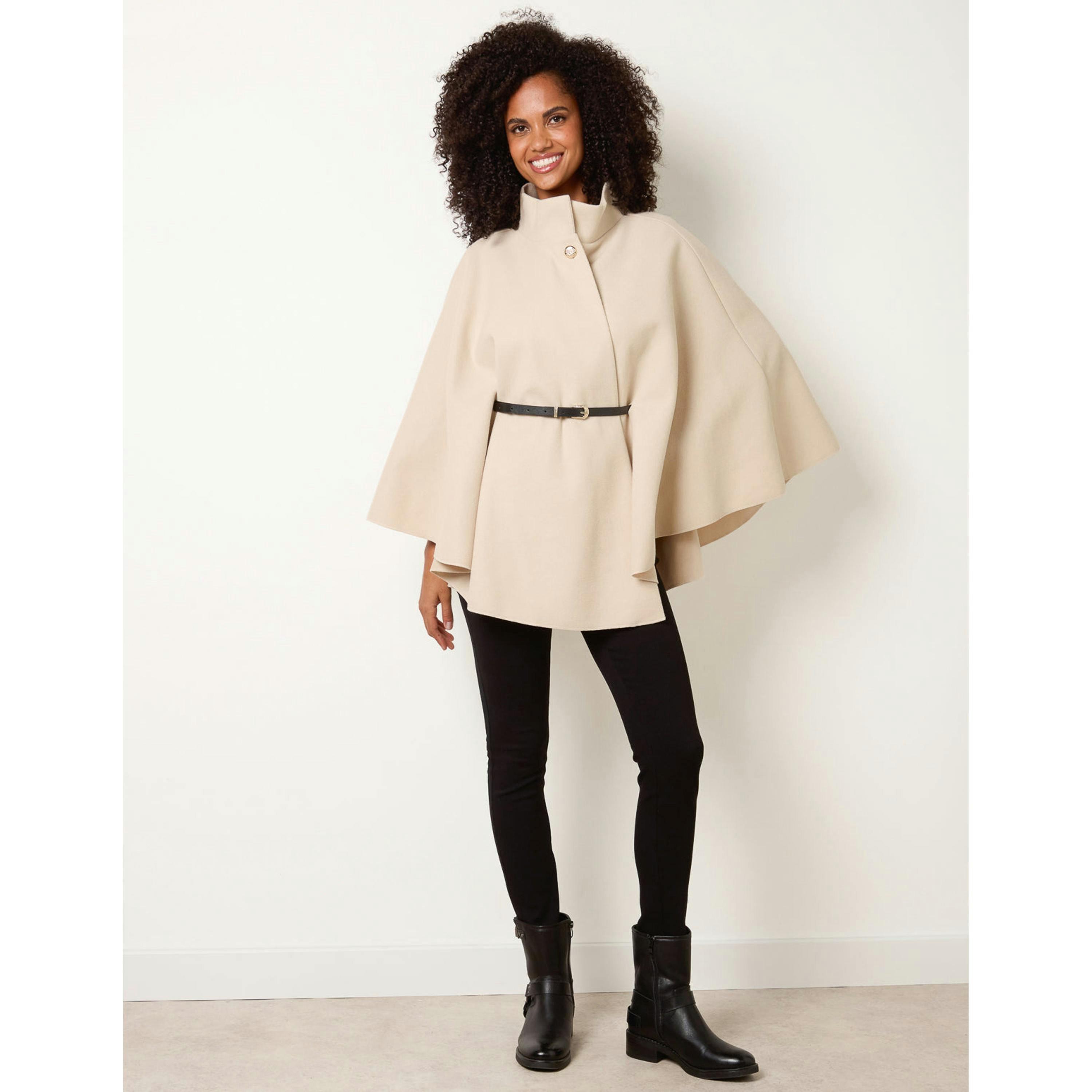 Blue Vanilla Funnel Neck Tie Front Cape  in Stone , view 3 of 5