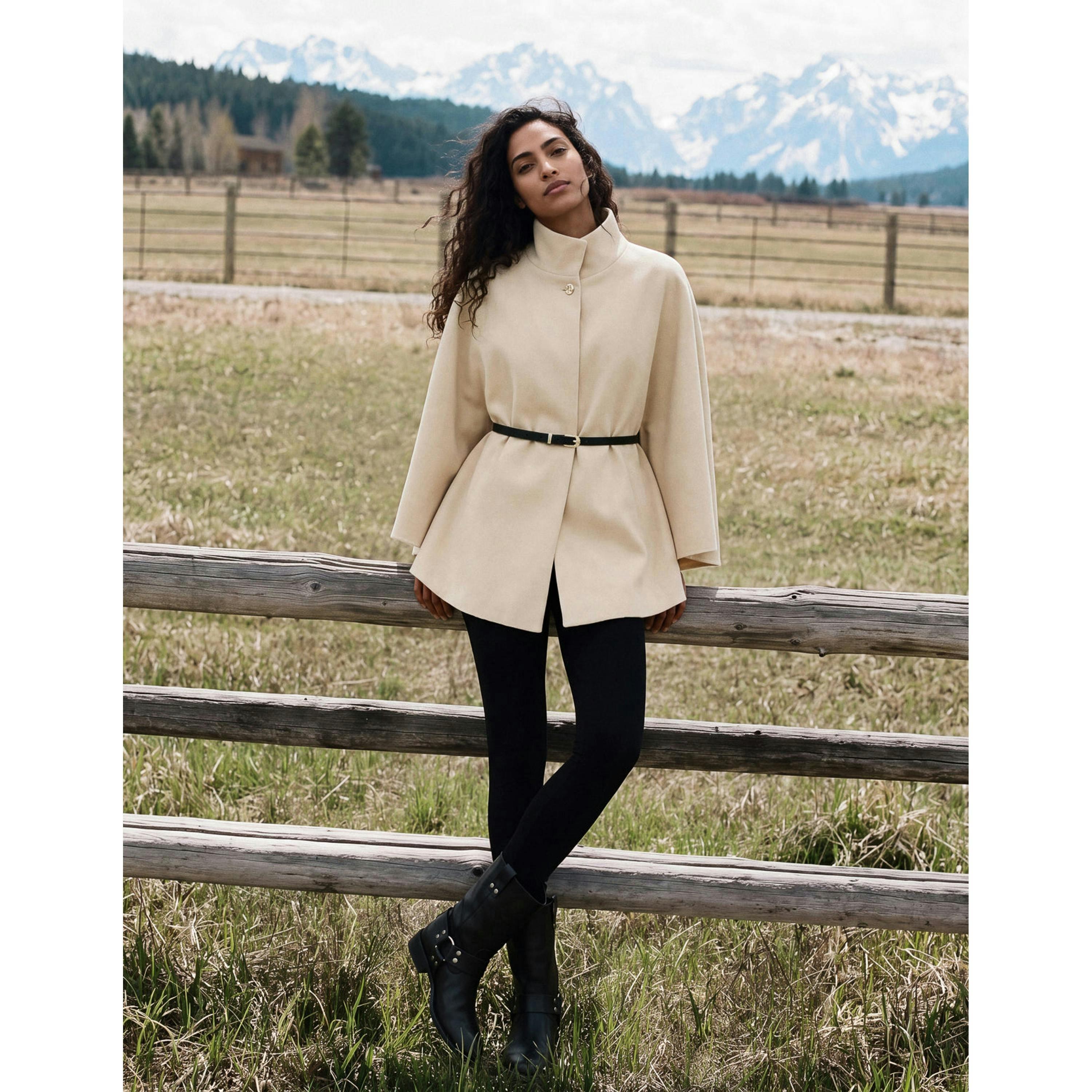 Blue Vanilla Funnel Neck Tie Front Cape  in Stone , view 5 of 5