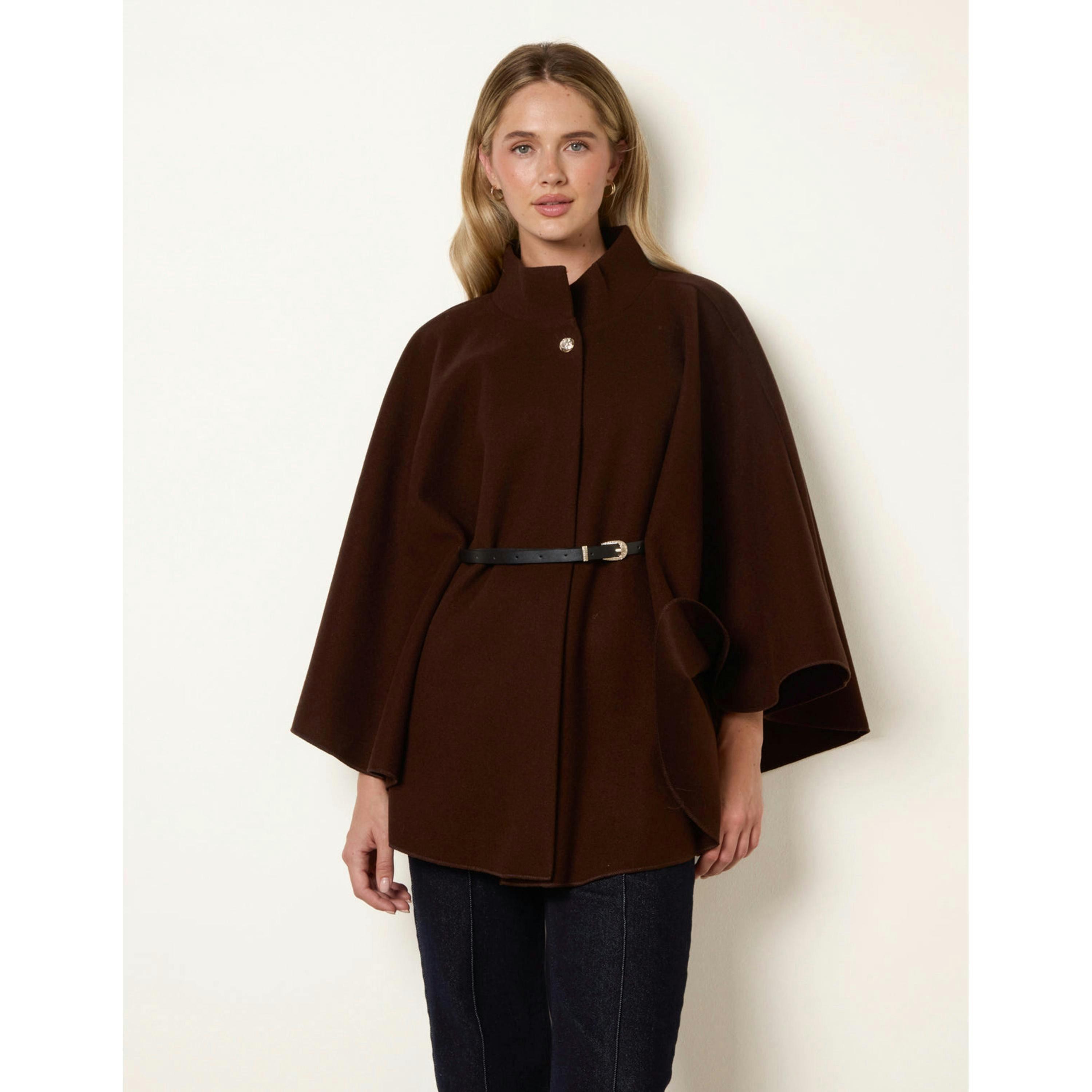 Blue Vanilla Funnel Neck Tie Front Cape  in Brown , view 1 of 4