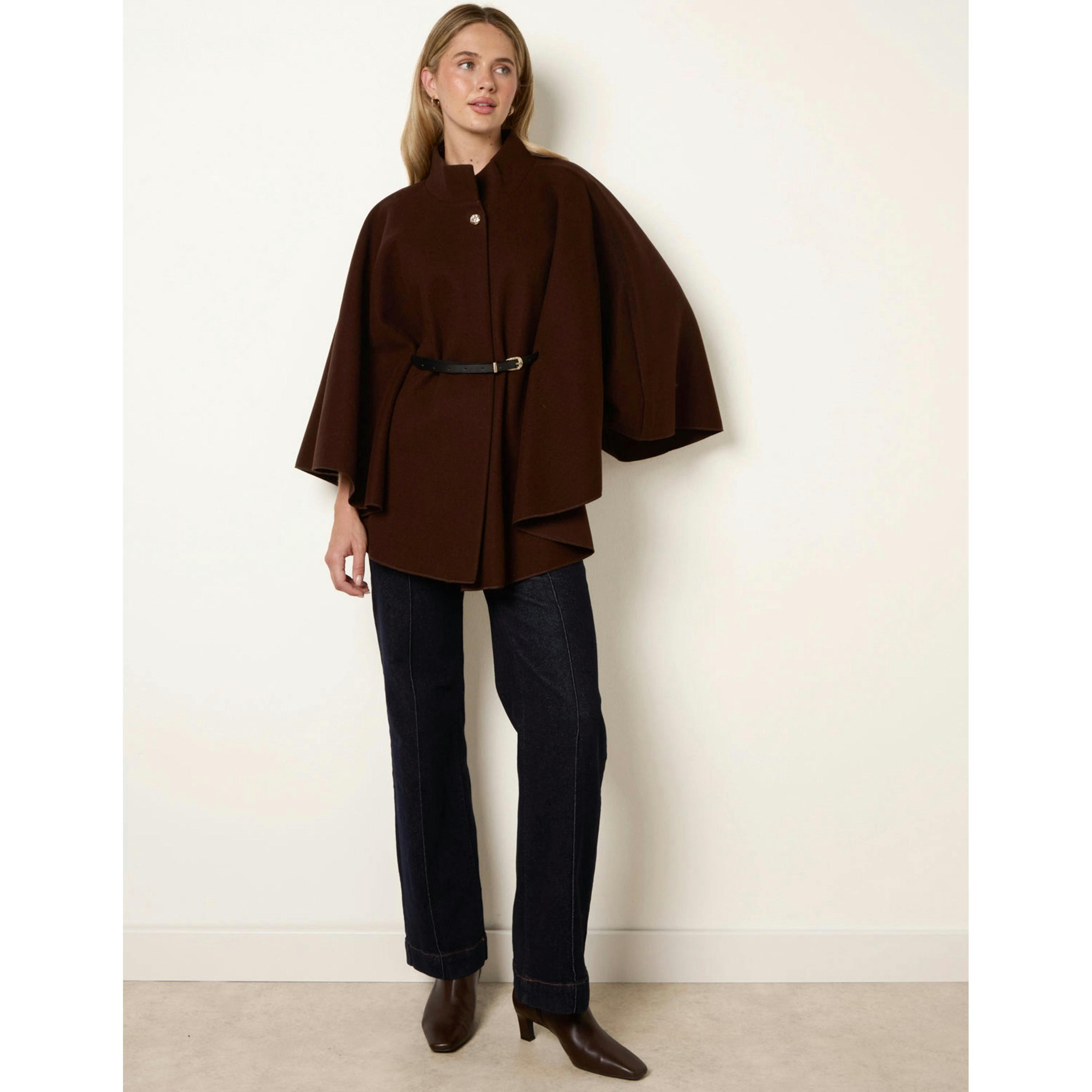 Blue Vanilla Funnel Neck Tie Front Cape  in Brown , view 3 of 4