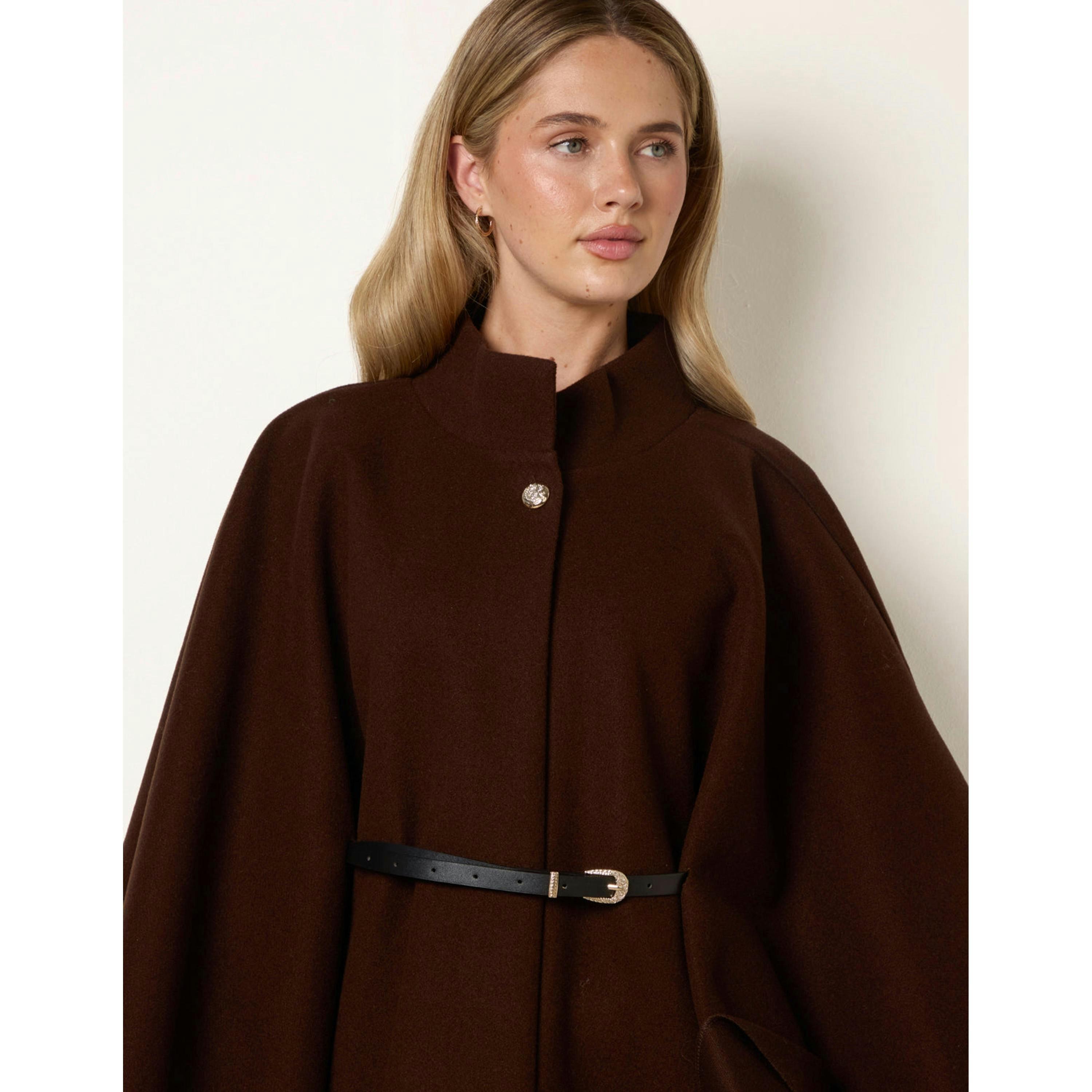 Blue Vanilla Funnel Neck Tie Front Cape  in Brown , view 4 of 4