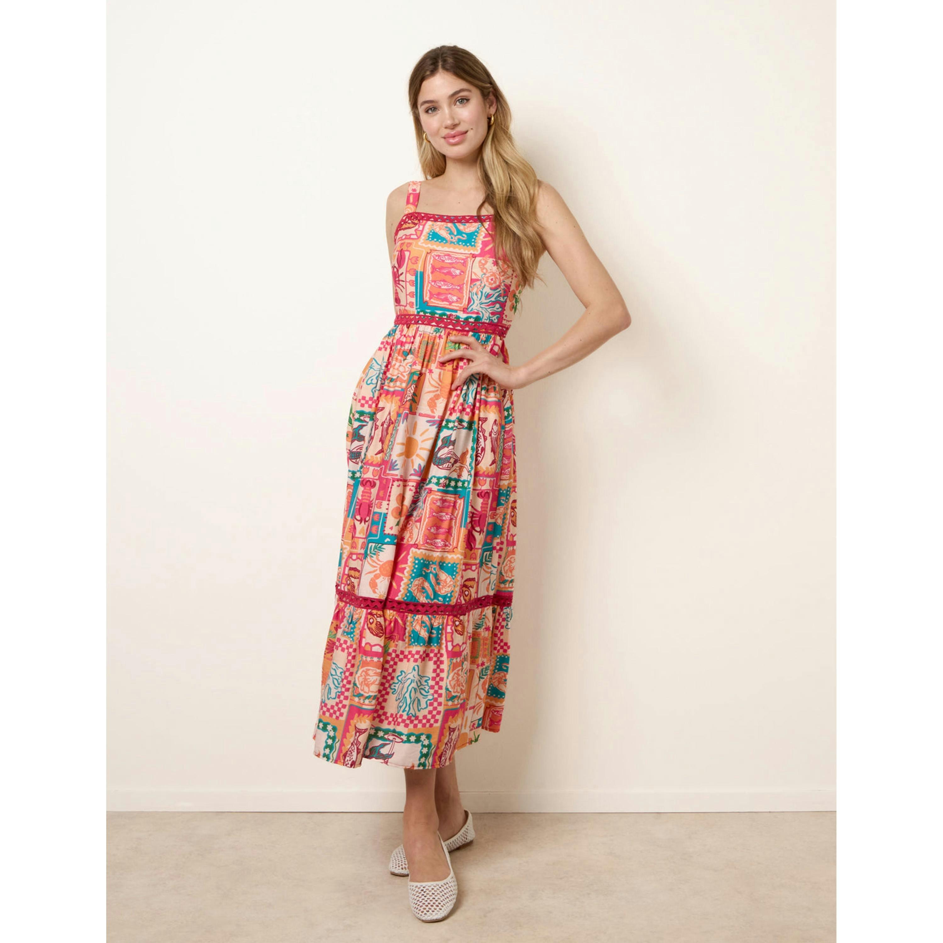Blue Vanilla Ric Rac Trim Postcard Print Dress  in Orange , view 1 of 4