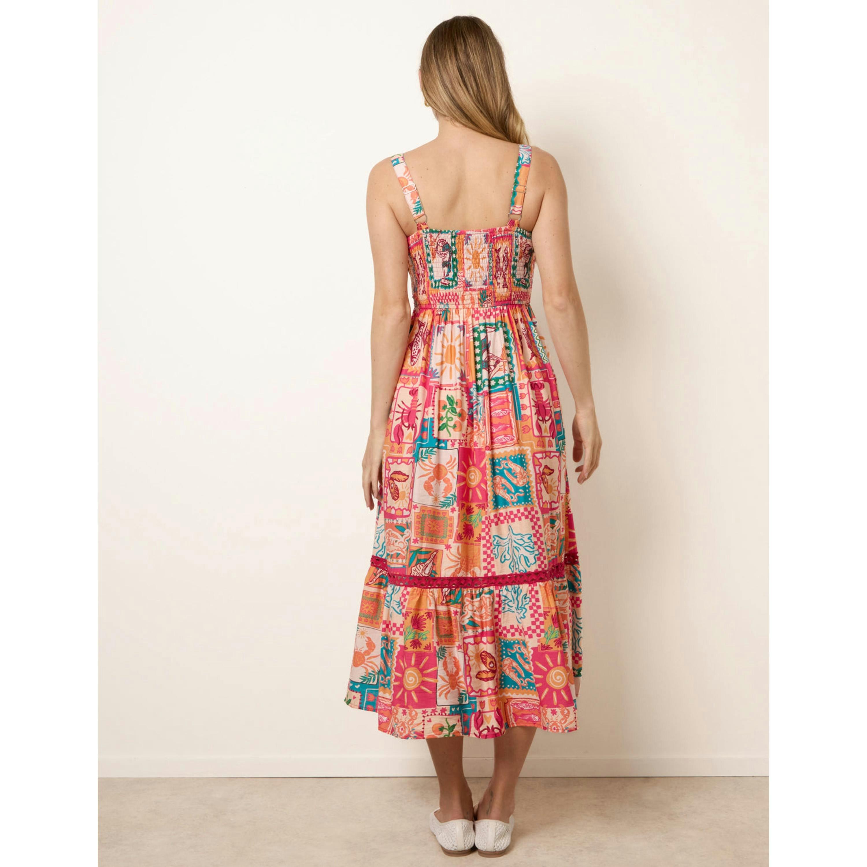 Blue Vanilla Ric Rac Trim Postcard Print Dress  in Orange , view 2 of 4