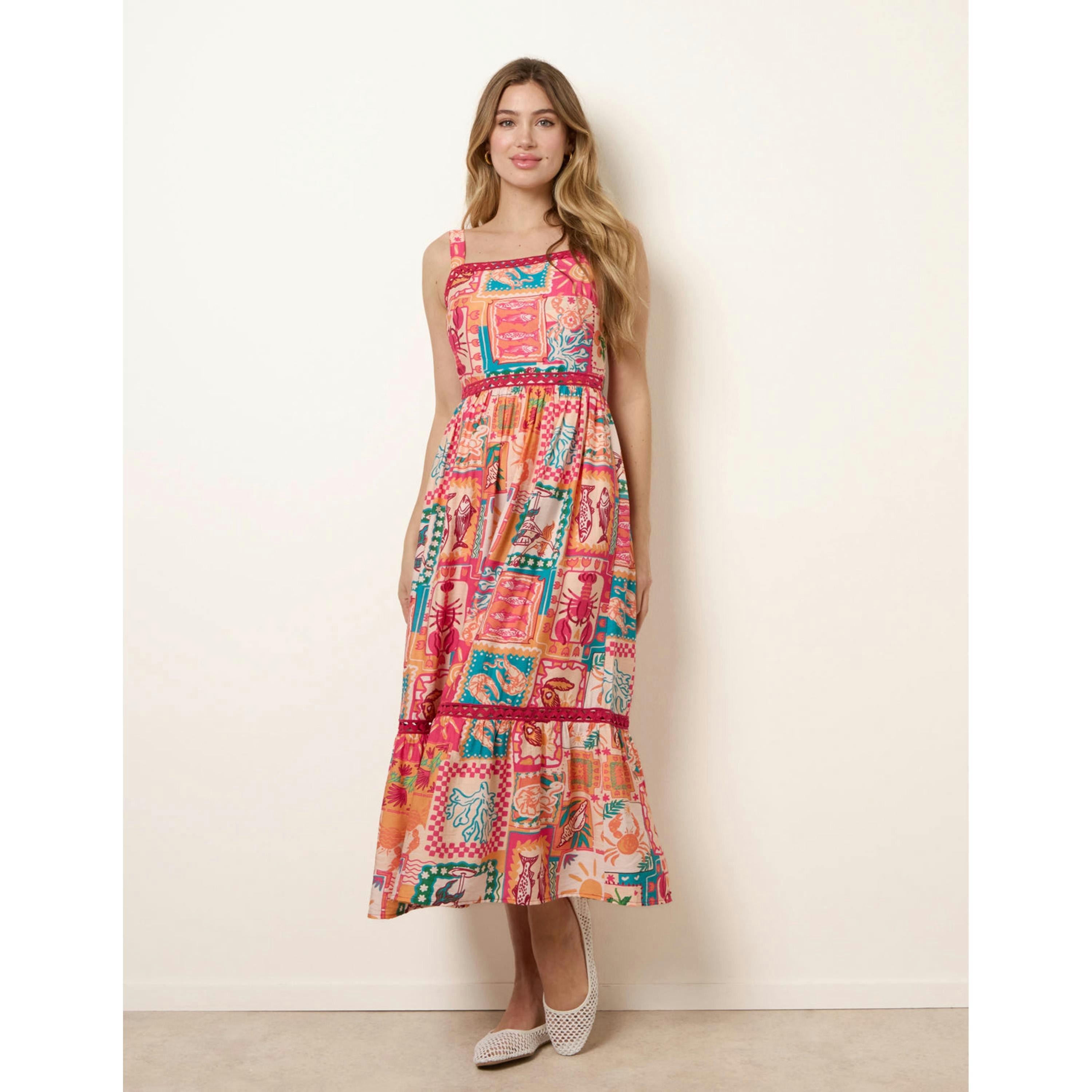 Blue Vanilla Ric Rac Trim Postcard Print Dress  in Orange , view 4 of 4