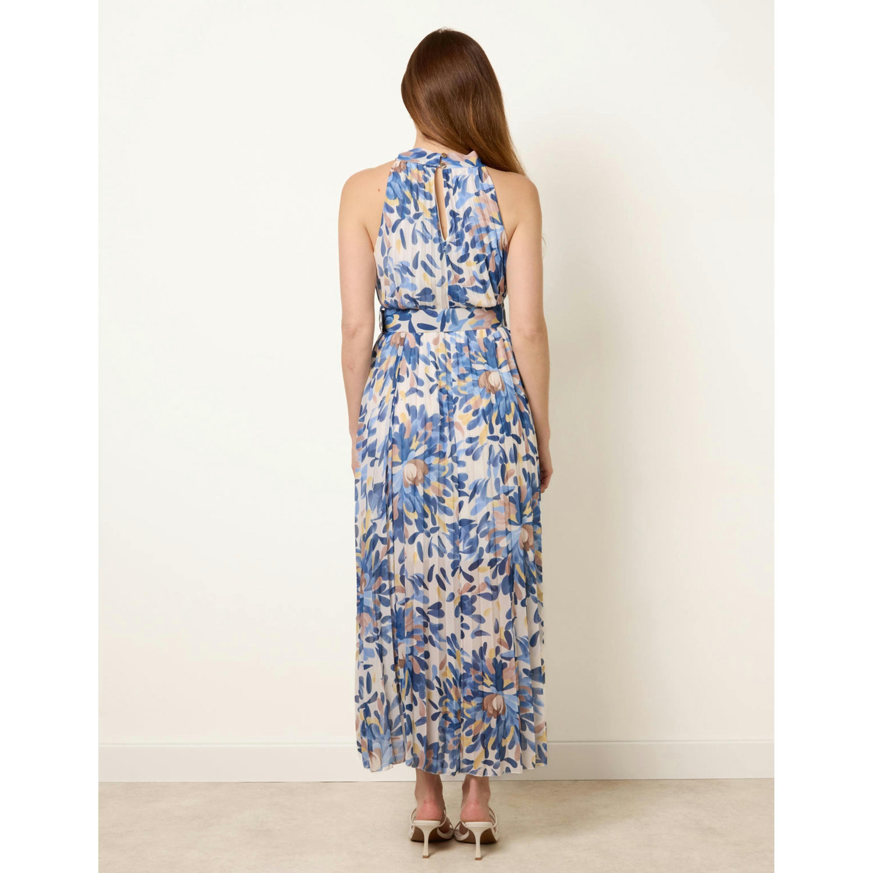 Blue Vanilla Printed Pleated Dress With Belt  in Navy , view 2 of 4