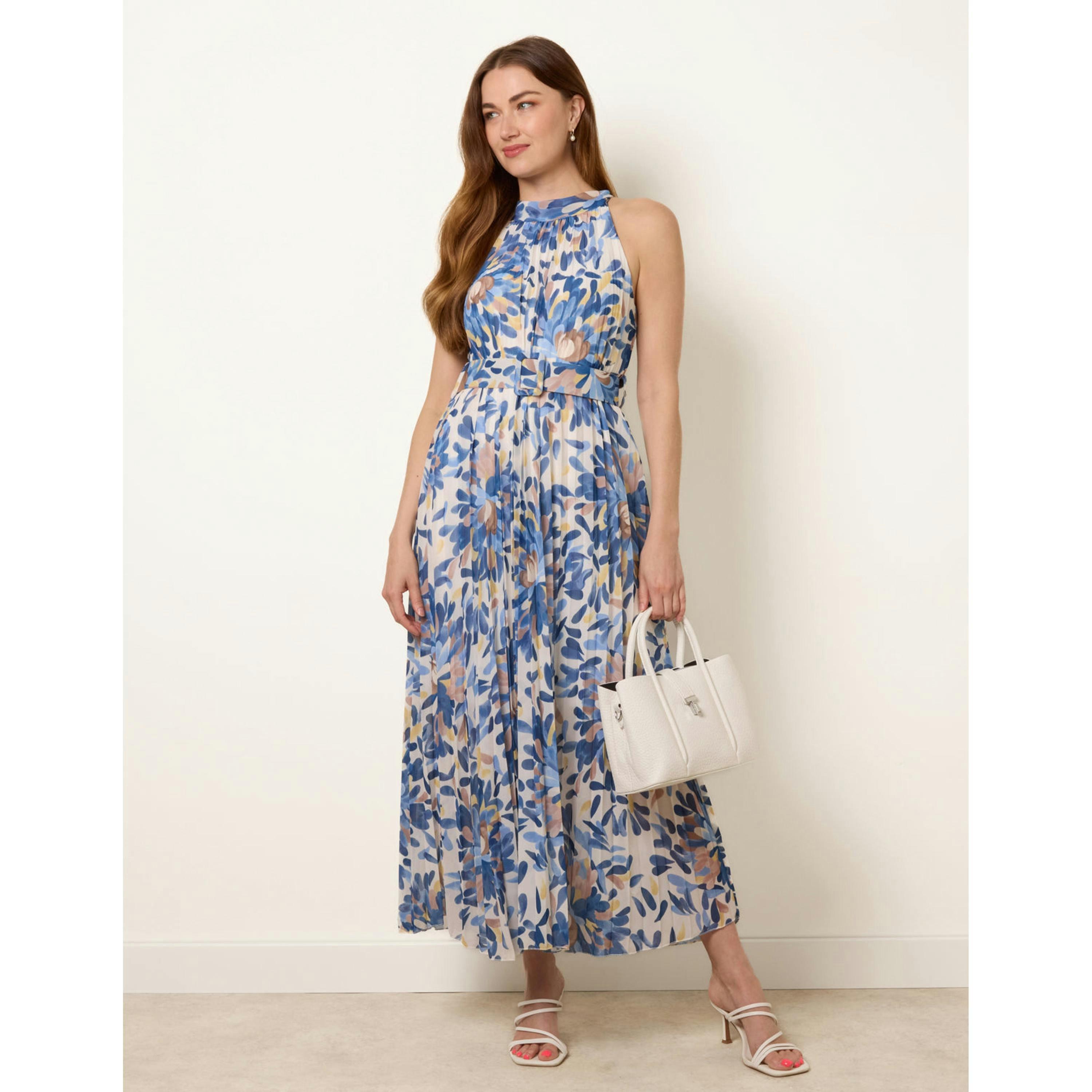 Blue Vanilla Printed Pleated Dress With Belt  in Navy , view 3 of 4