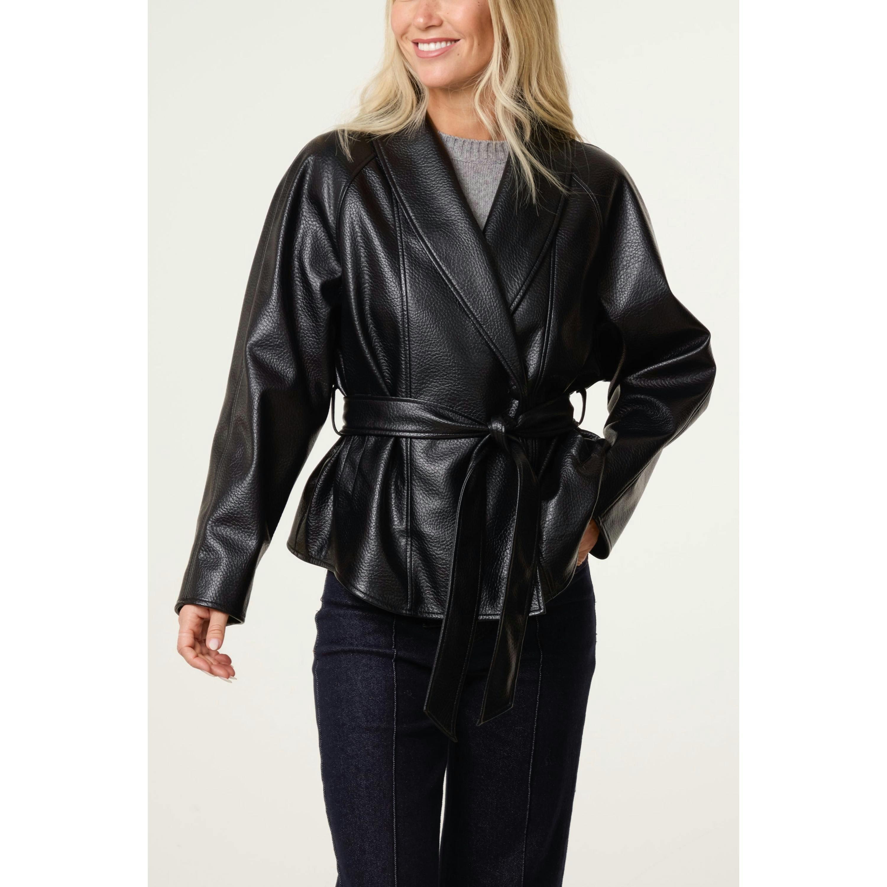 Blue Vanilla Peplum Wrap Belted Jacket  in Black , view 1 of 4