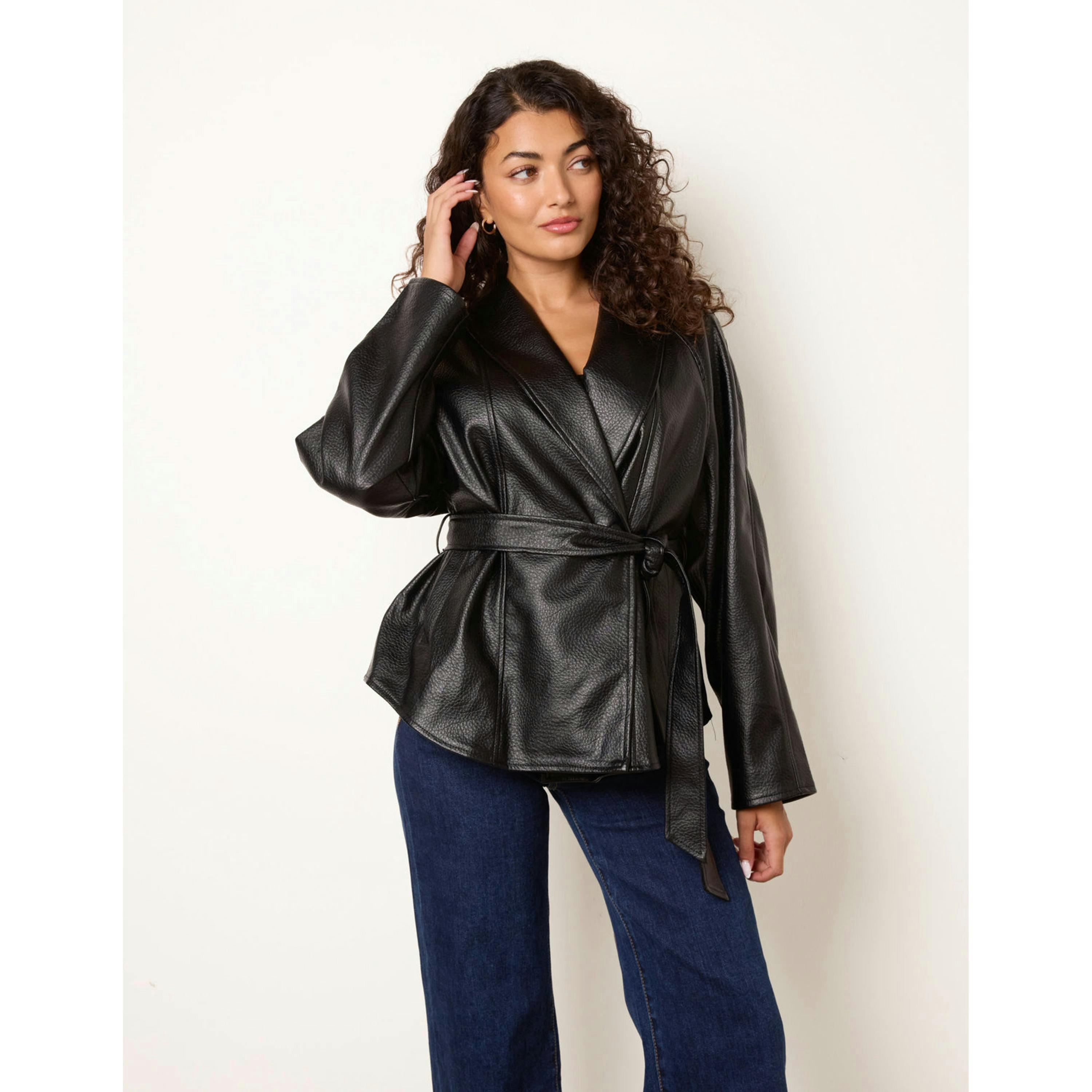 Blue Vanilla Peplum Wrap Belted Jacket  in Black , view 4 of 4