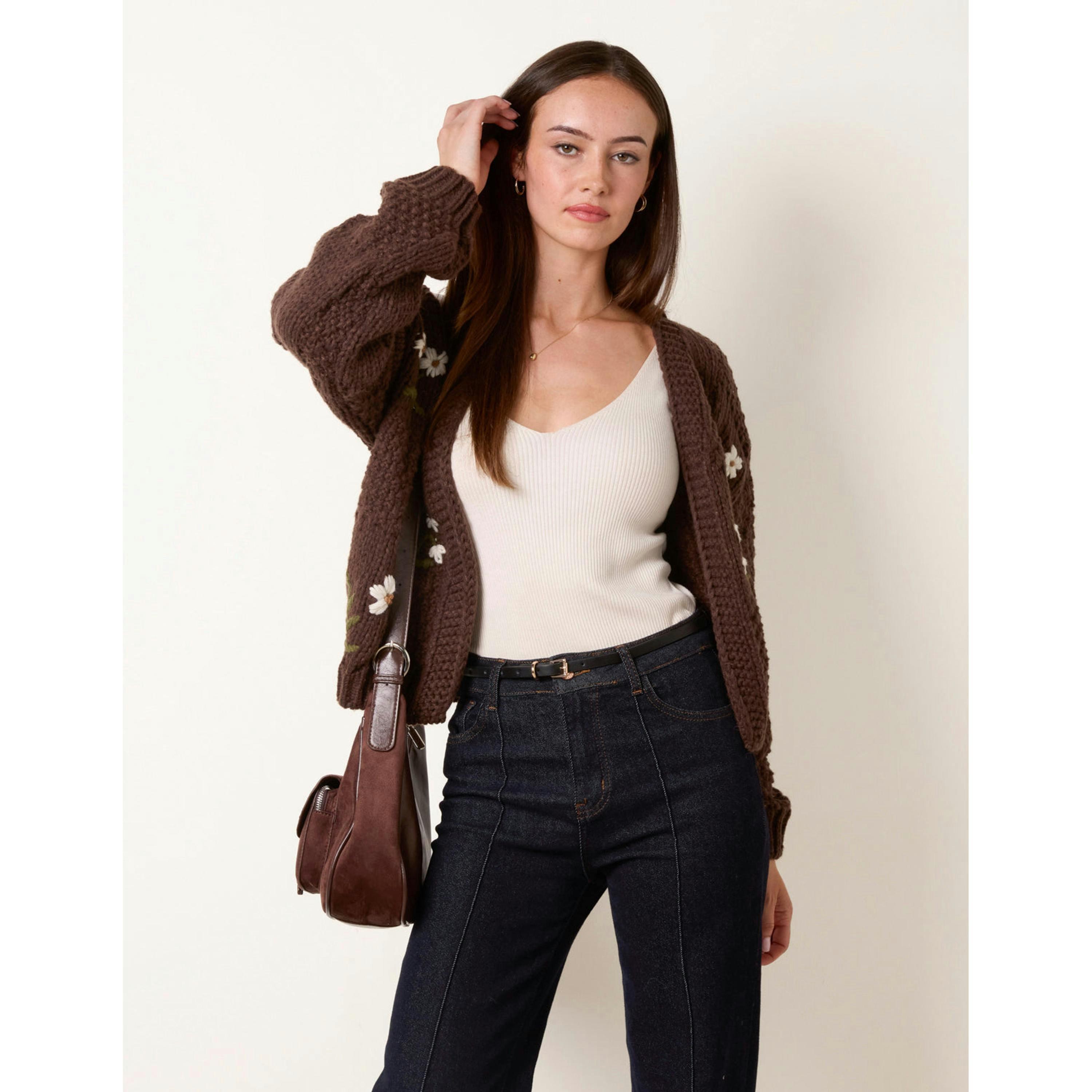 Blue Vanilla Flower Embroidery Cardigan  in Brown , view 1 of 4