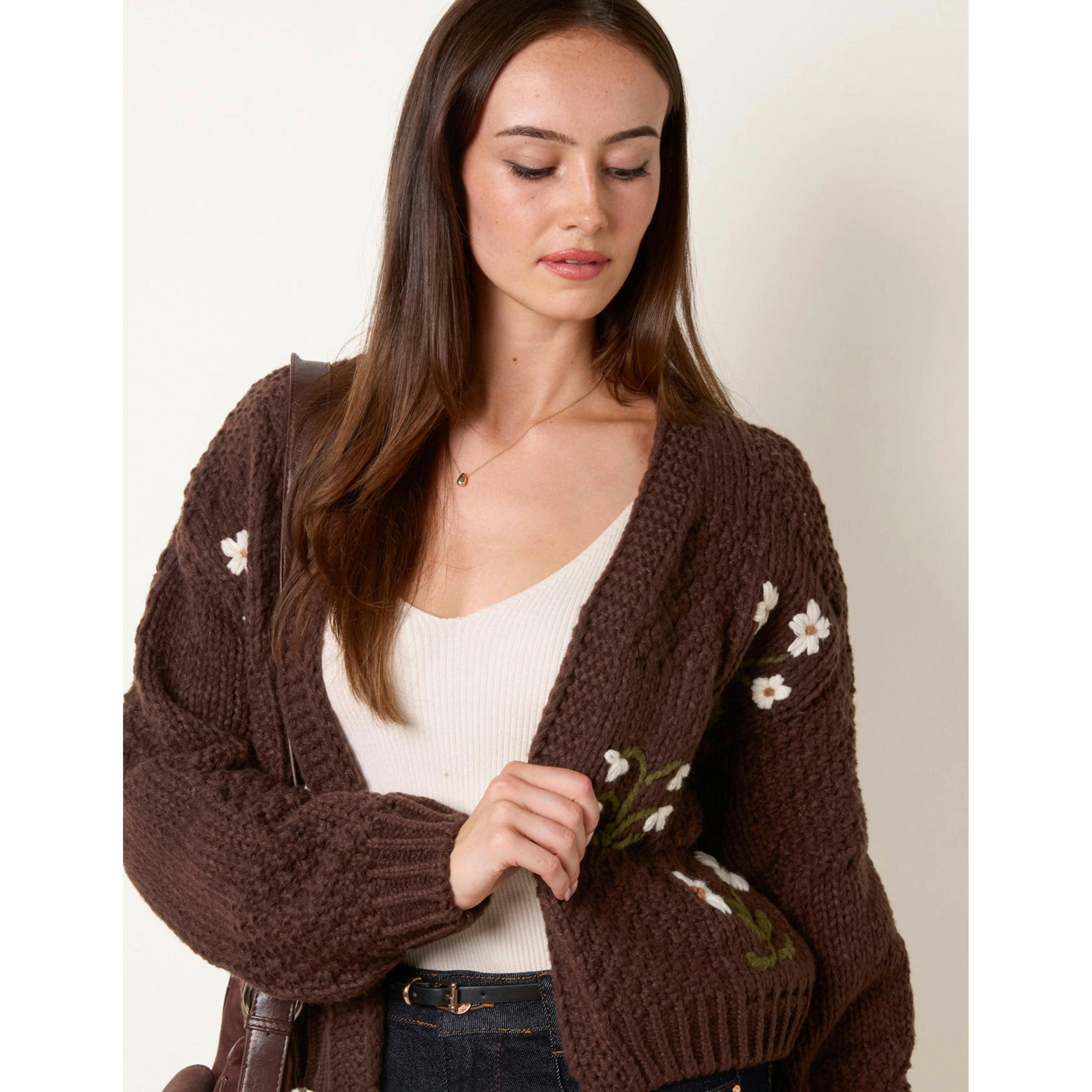 Blue Vanilla Flower Embroidery Cardigan  in Brown , view 3 of 4