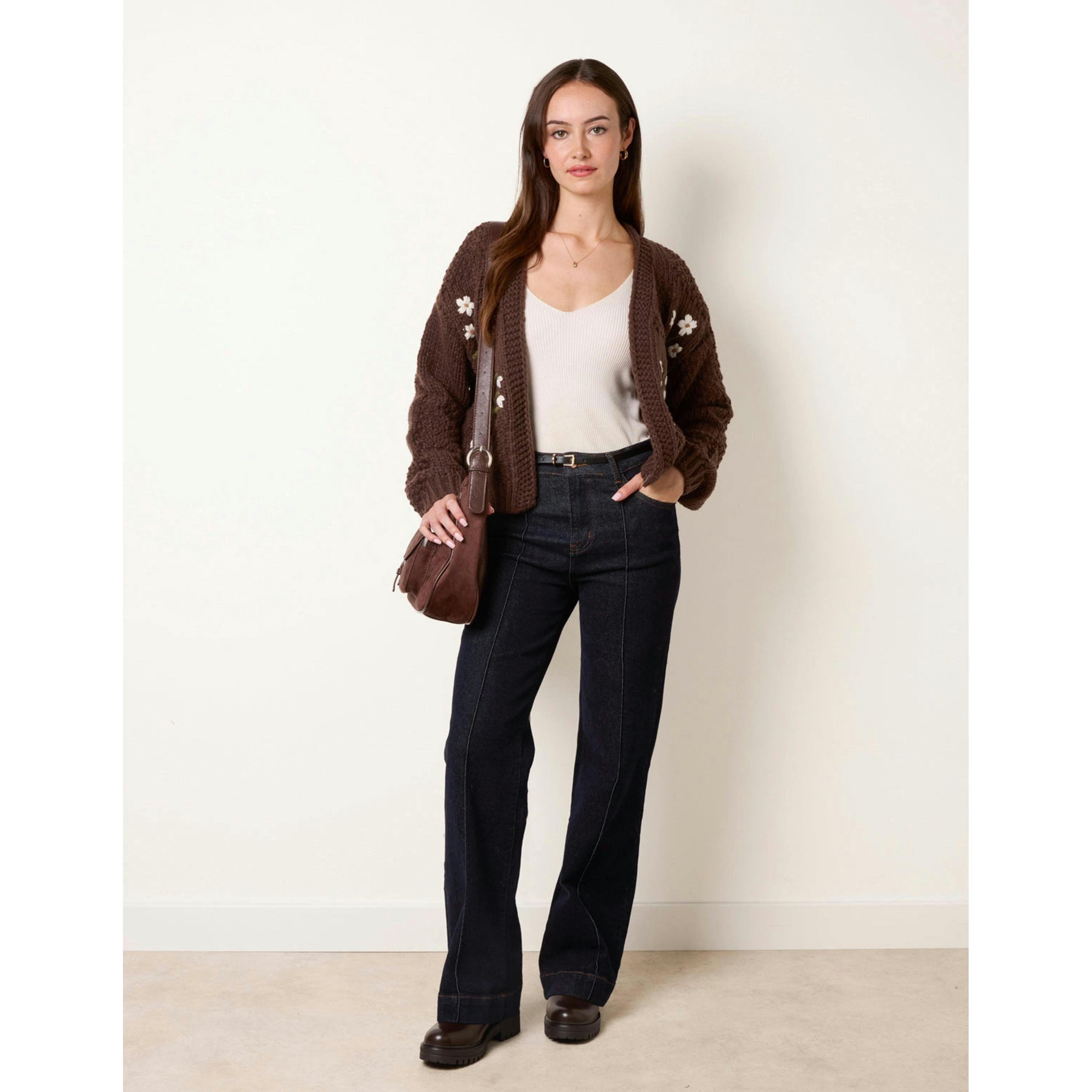Blue Vanilla Flower Embroidery Cardigan  in Brown , view 4 of 4