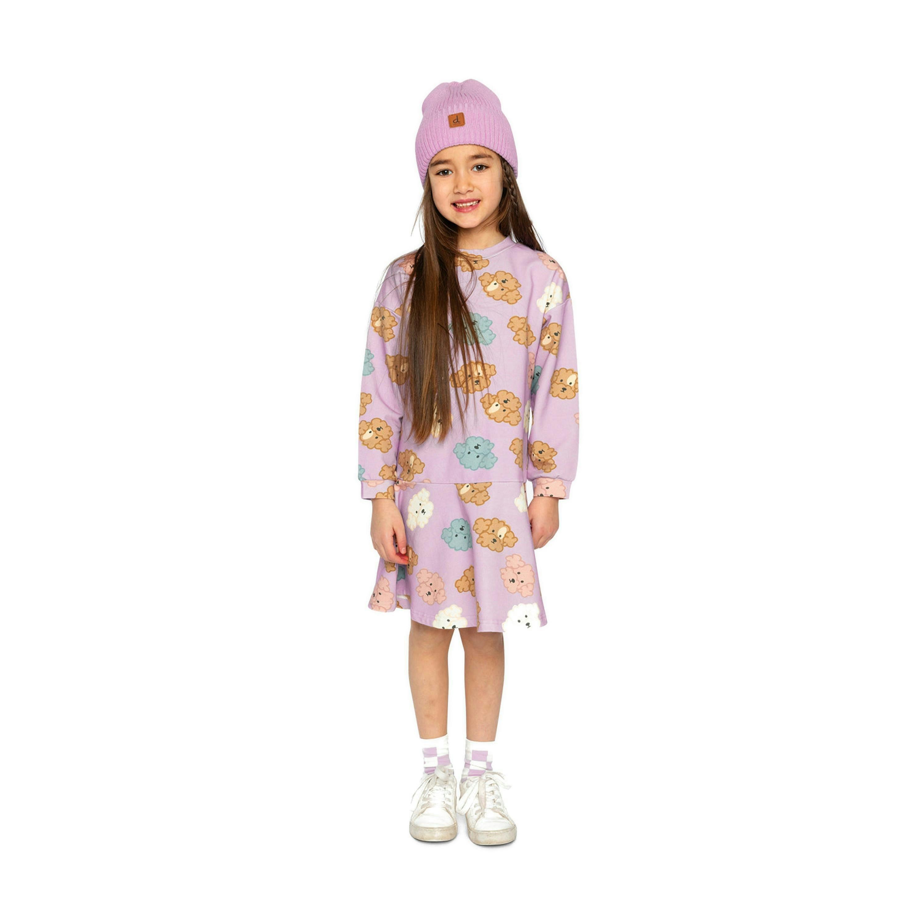 French Terry Dress Purple Poodle Print , view 2 of 5