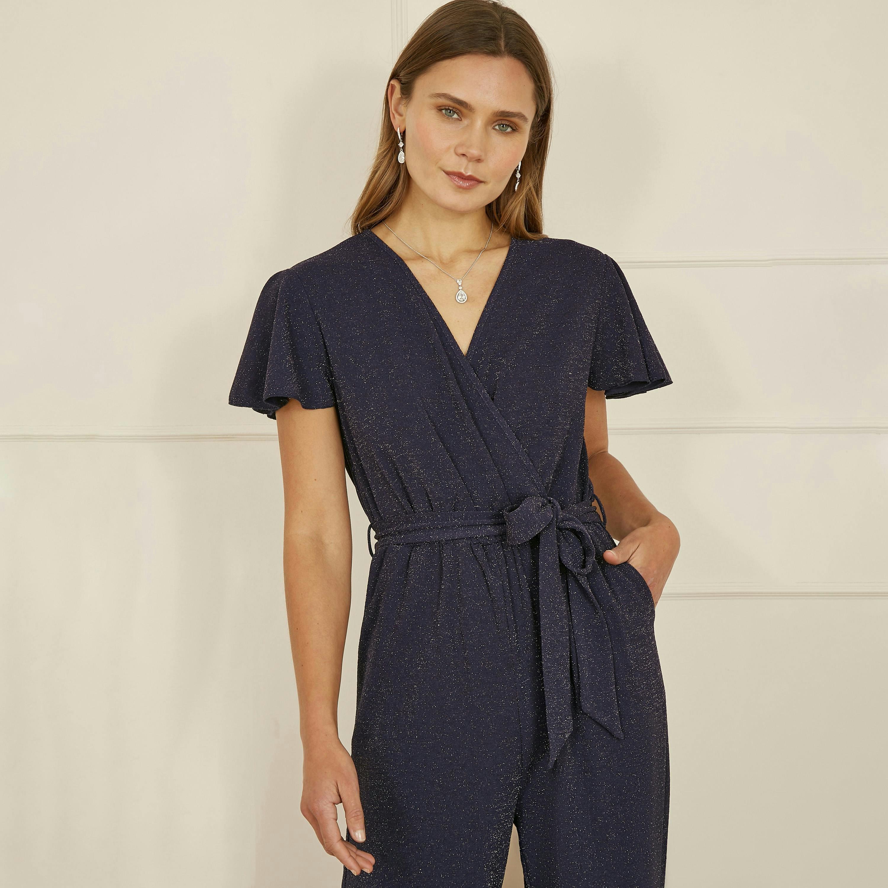 Yumi Navy Sparkle Stretch Wrap Over Jumpsuit , view 2 of 4