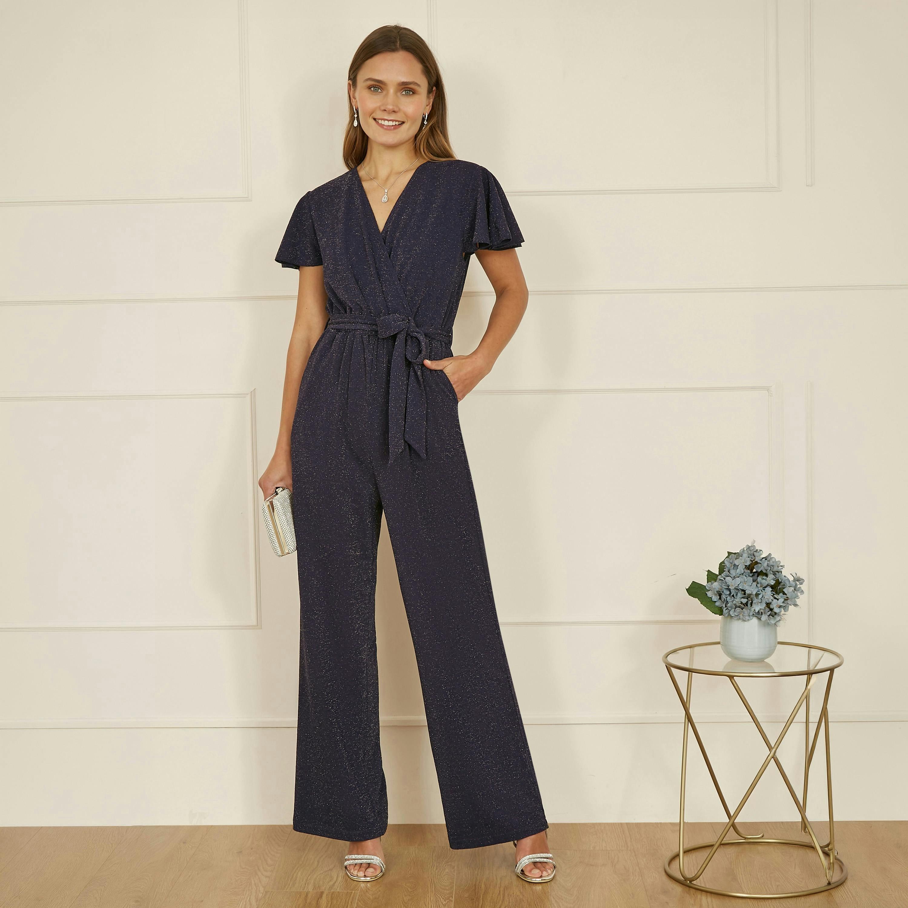 Yumi Navy Sparkle Stretch Wrap Over Jumpsuit , view 3 of 4