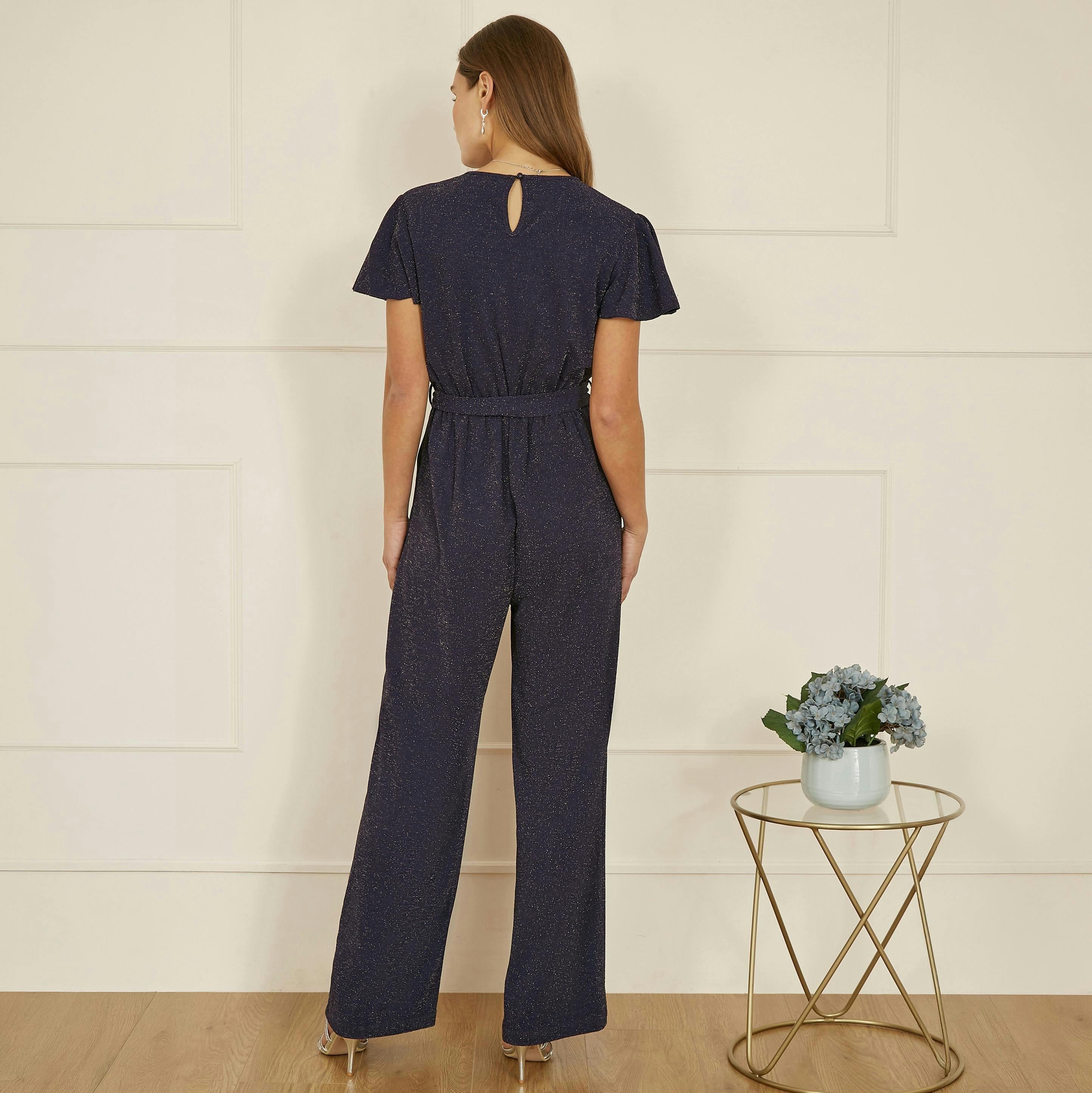 Yumi Navy Sparkle Stretch Wrap Over Jumpsuit , view 4 of 4