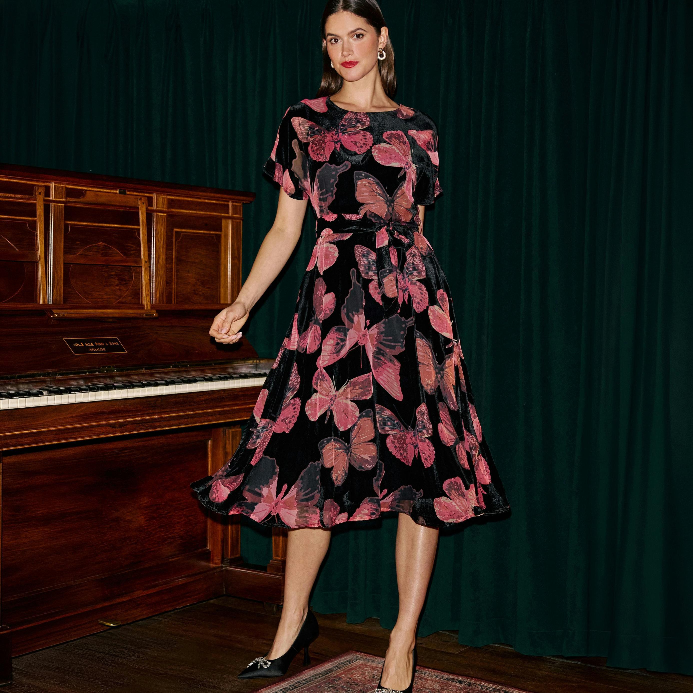 Yumi Black Velvet Butterfly Midi Dress , view 3 of 6