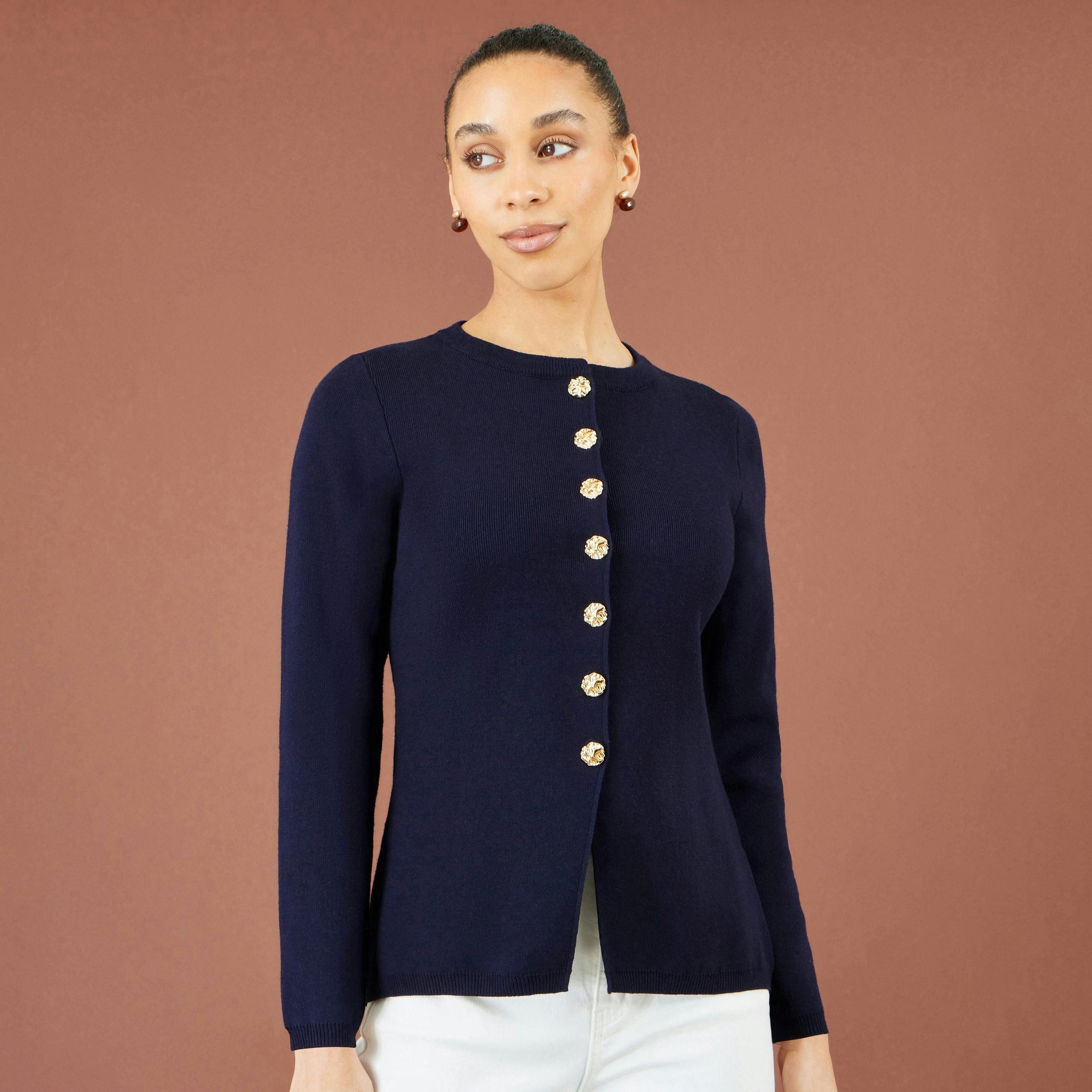 Yumi Navy Knitted Fitted Peplum Cardigan , view 2 of 4